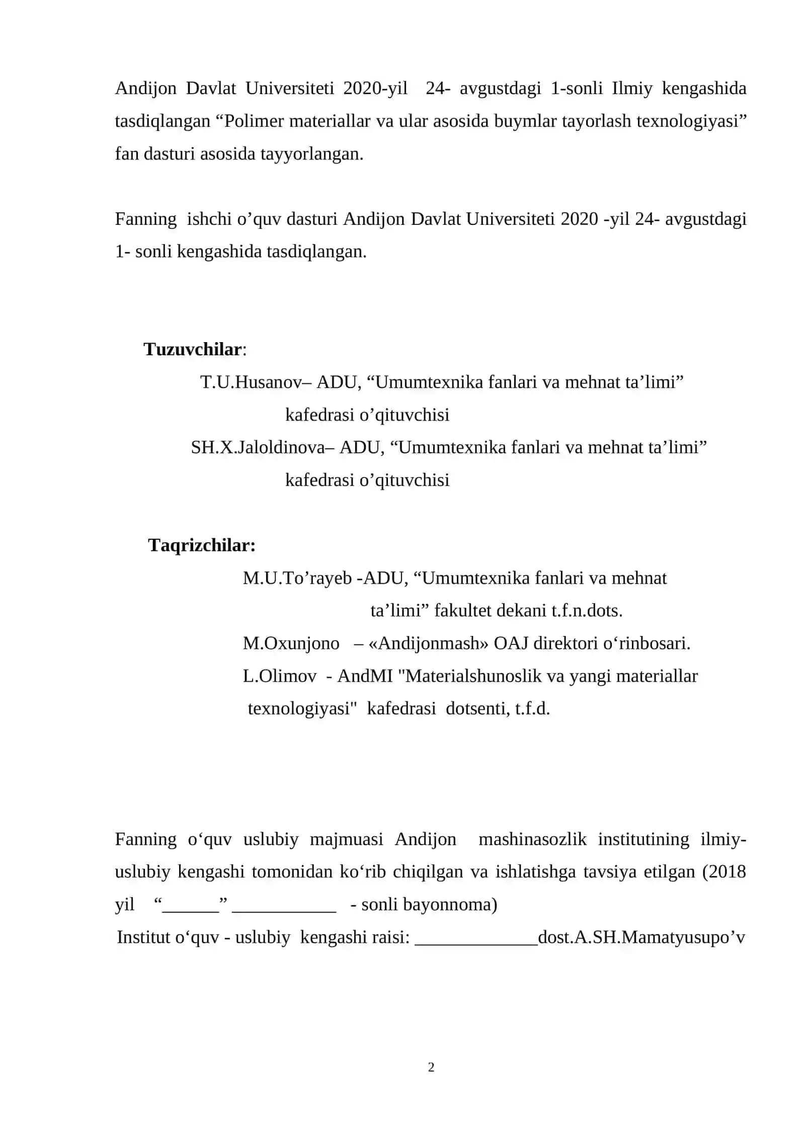 Polimer materiallar va ular asosida buymlar tayorlash texnologiyasi 2
