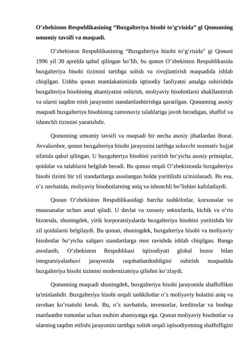 O’zbekiston Respublikasining “Buxgalteriya hisobi to’g‘risida” gi Qonunning mazmun va mohiyati 2