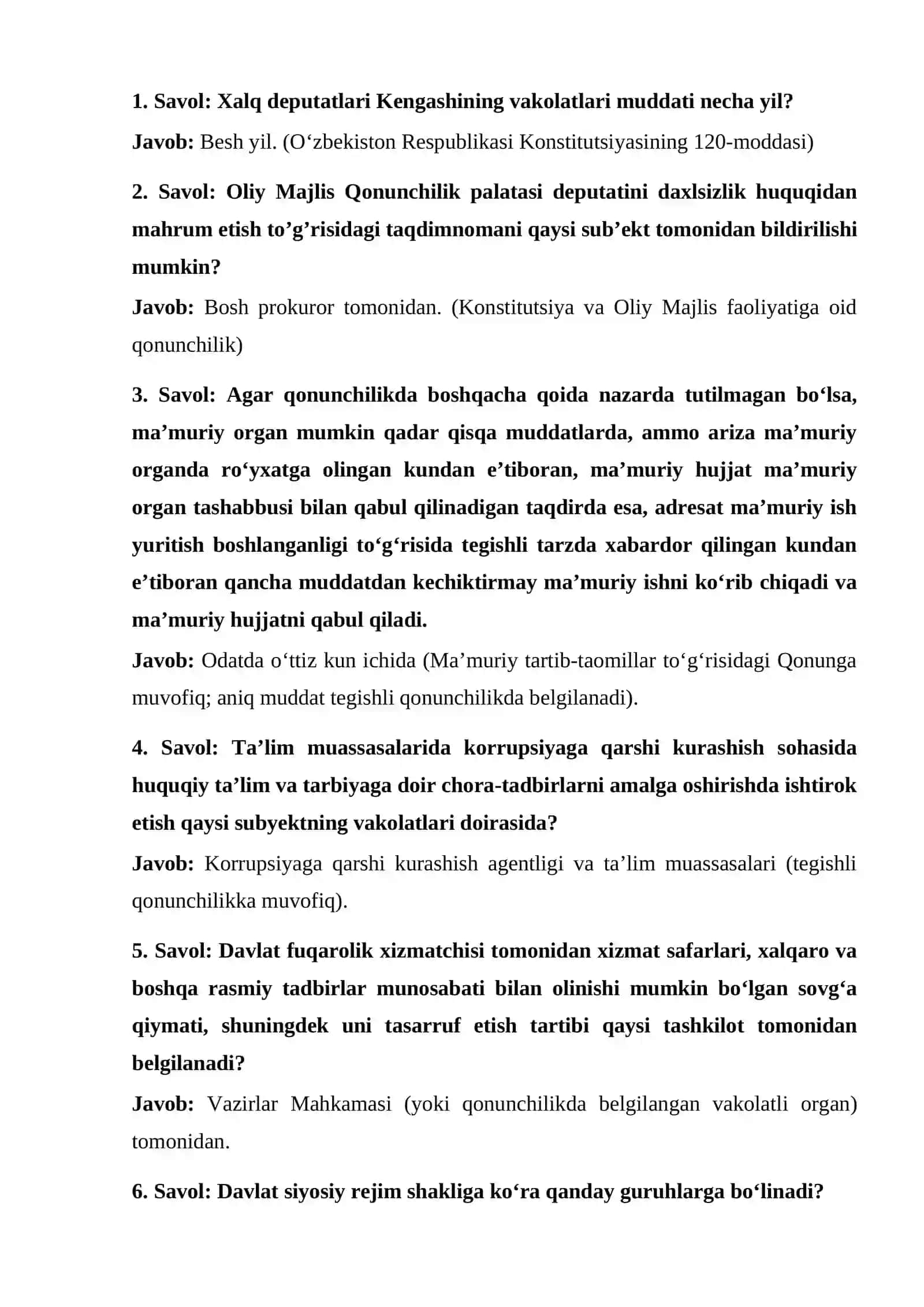 Argos Milliy qonunchilik bo'yicha savollar javoblari bilan to'liq baza 2