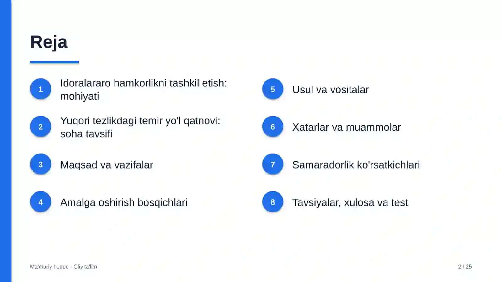 Yuqori tezlikdagi temir yo'l qatnovida idoralararo hamkorlikni tashkil etish 2