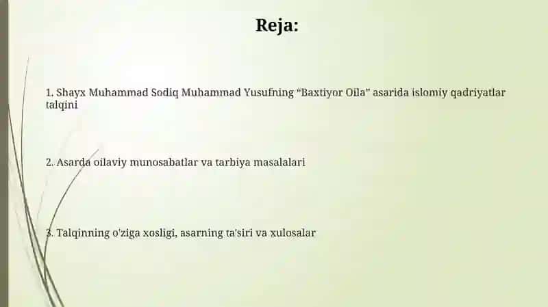 Shayx Muhammad Sodiq Muhammad Yusufning "Baxtiyor oila" asarida islom qadriyatlarining talqini 2