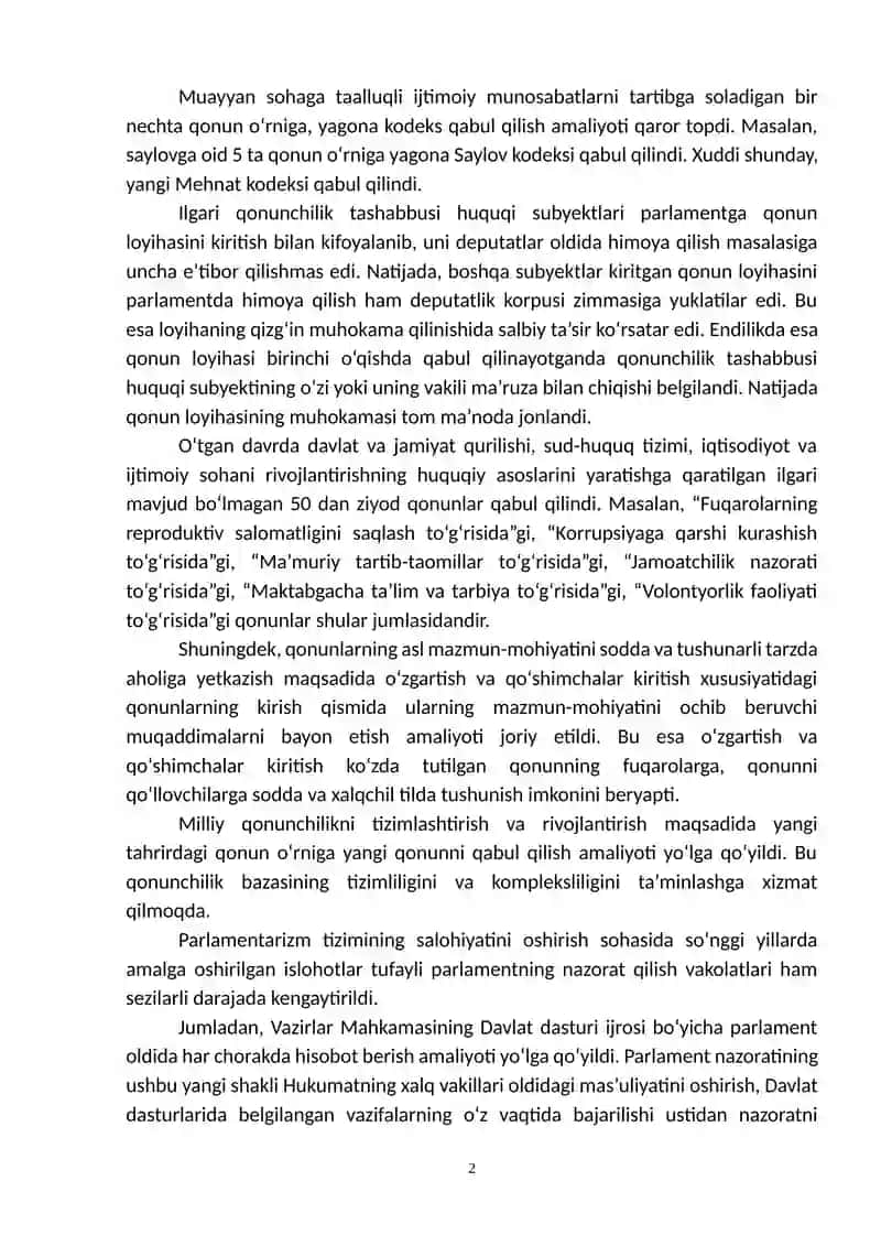 O‘zbekiston Respublikasi Prezidentining Oliy Majlisga Murojaatnomasi 2