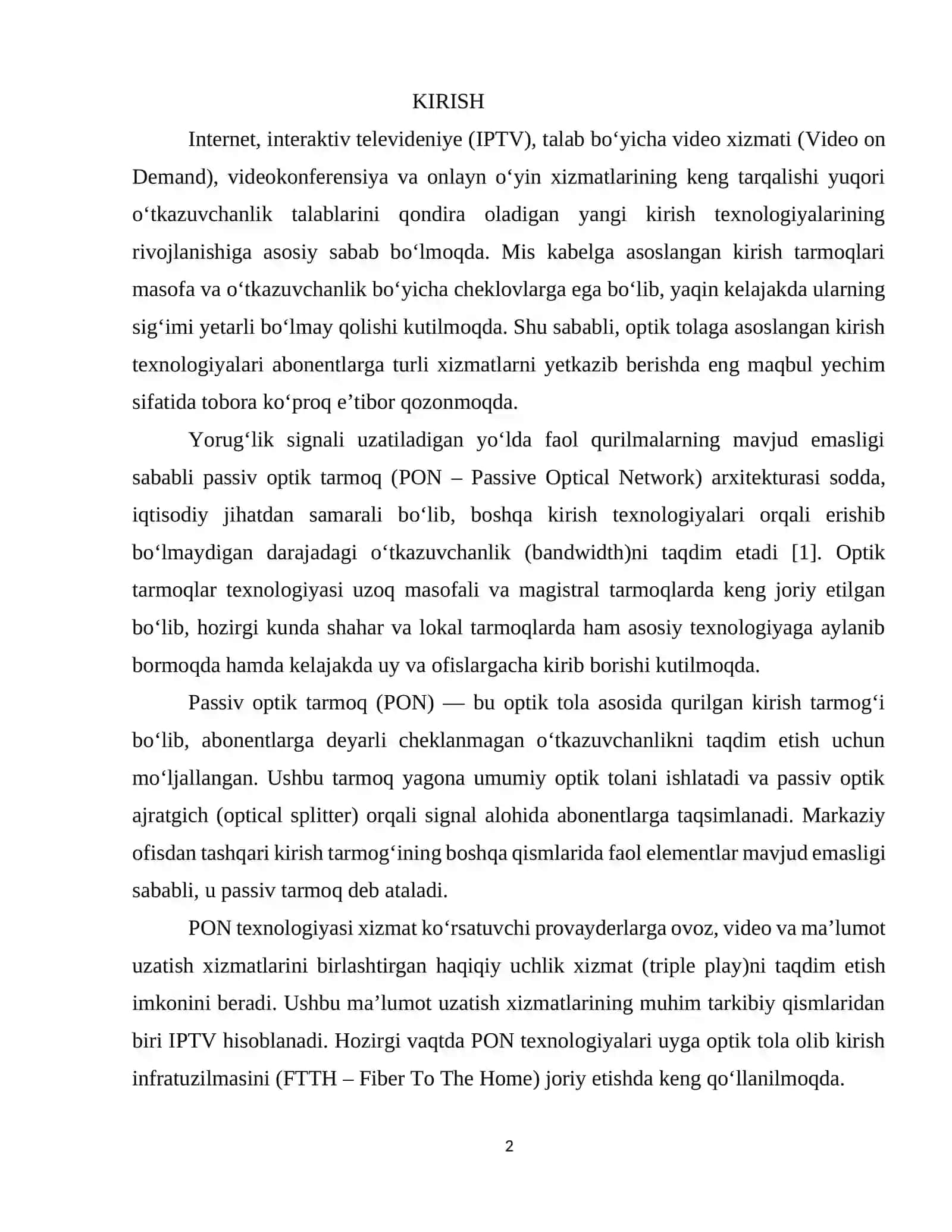 PASSIV OPTIK TARMOQLARDA TRAFIK XARAKTERISTIKALARNI TAHLIL QILISH 2