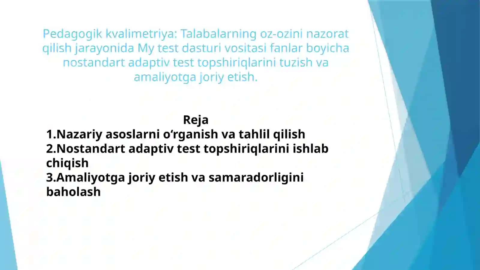 Pedagogik kvalimetriya Talabalarning oz ozini nazorat qilish jarayonida My test dasturi vositasi fanlar boyicha nostandart adaptiv test topshiriqlarini tuzish va amaliyotga joriy etish. 2