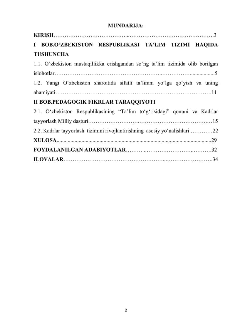Kurs ishi - Mustaqil O‘zbekiston Respublikasida maktab ta’limi tizimi va pedagogik fikrlar taraqqiyoti 2