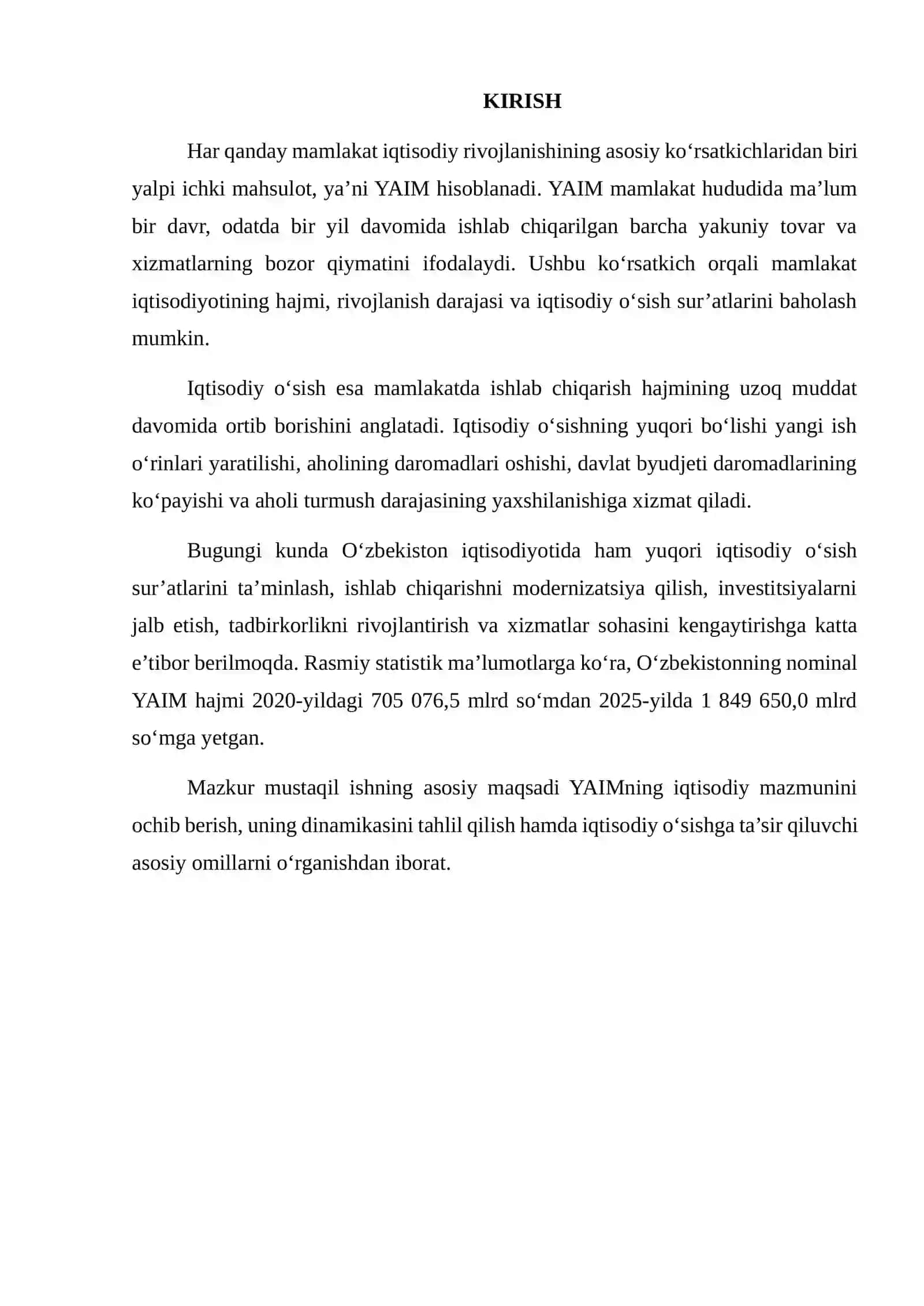 YALPI ICHKI MAHSULOT (YAIM) DINAMIKASI VA IQTISODIY O‘SISH OMILLARINI TAHLIL QILISH 2