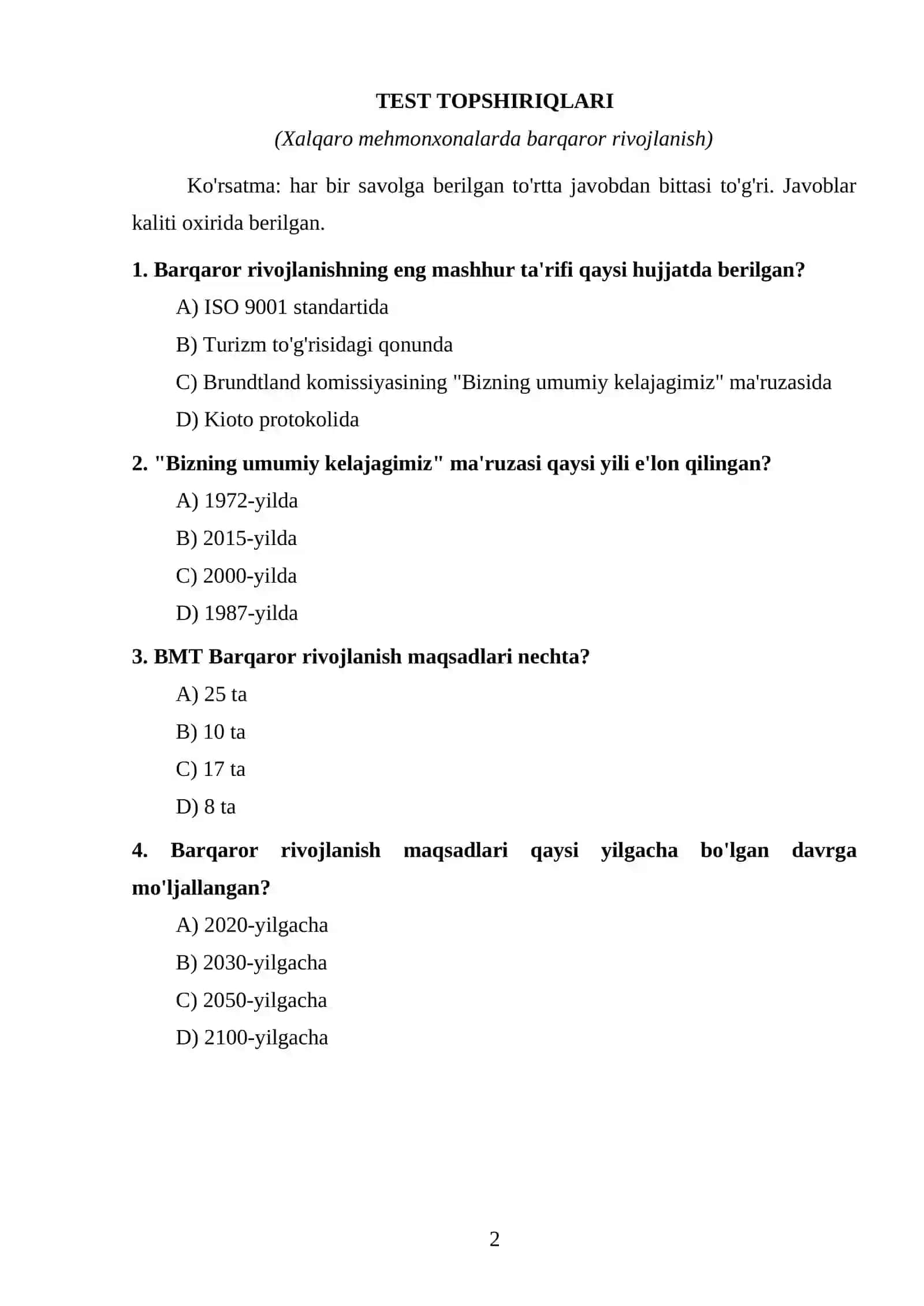 TEST TOPSHIRIQLARI (Xalqaro mehmonxonalarda barqaror rivojlanish) 2