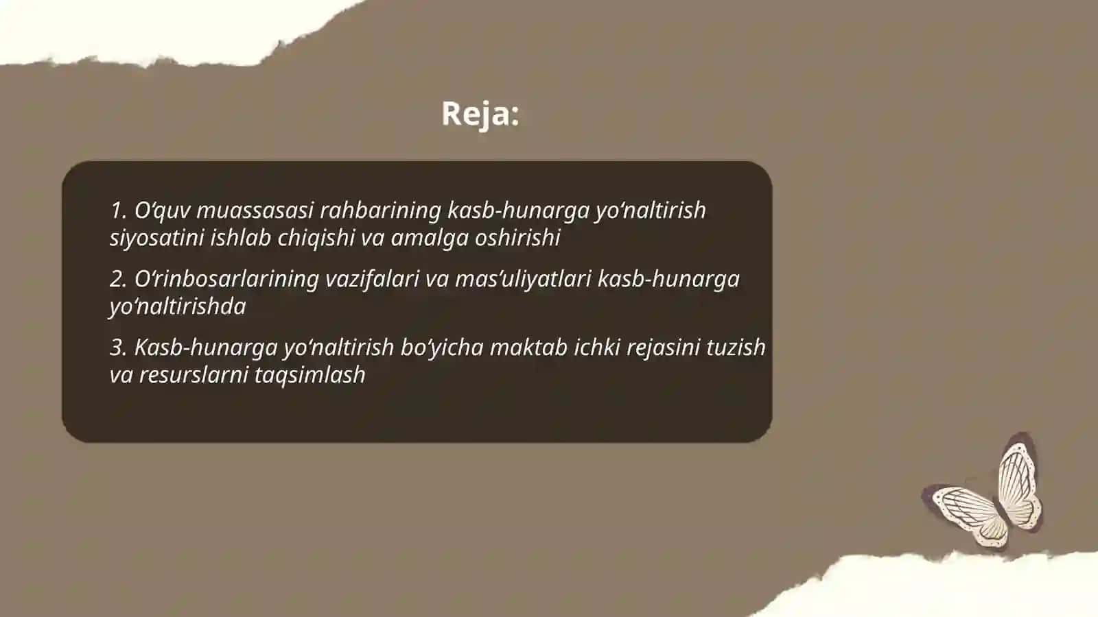 O‘quv muassasasi rahbari va o’rinbosqrlarining kasb hunarga yo‘naltirish ishini tashkil etishi. Sinf rahbarining kasb hunarga yo‘naltirishdagi o‘rni. 2