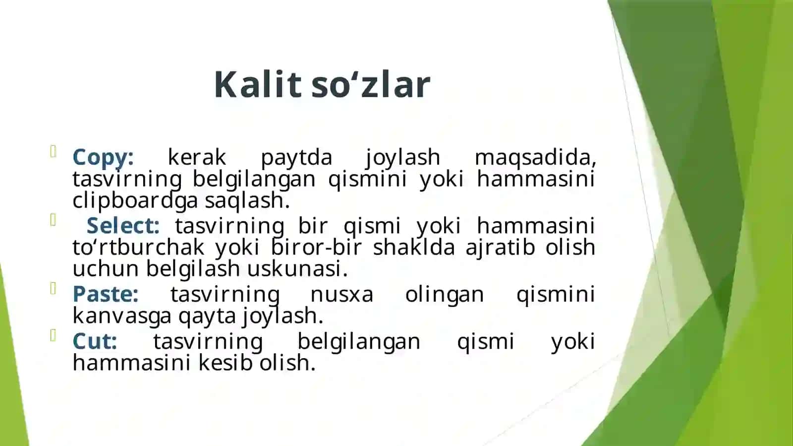 Tasvir qismlaridan nusxa olish,kesib olib tashlash yoki joylashtirishdan foydalanish 2