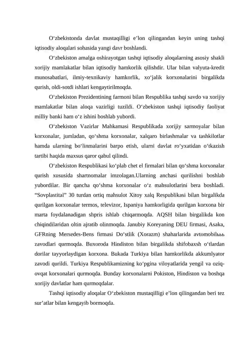 O‘zbekistonning tashqi iqtisodiy aloqalari 2