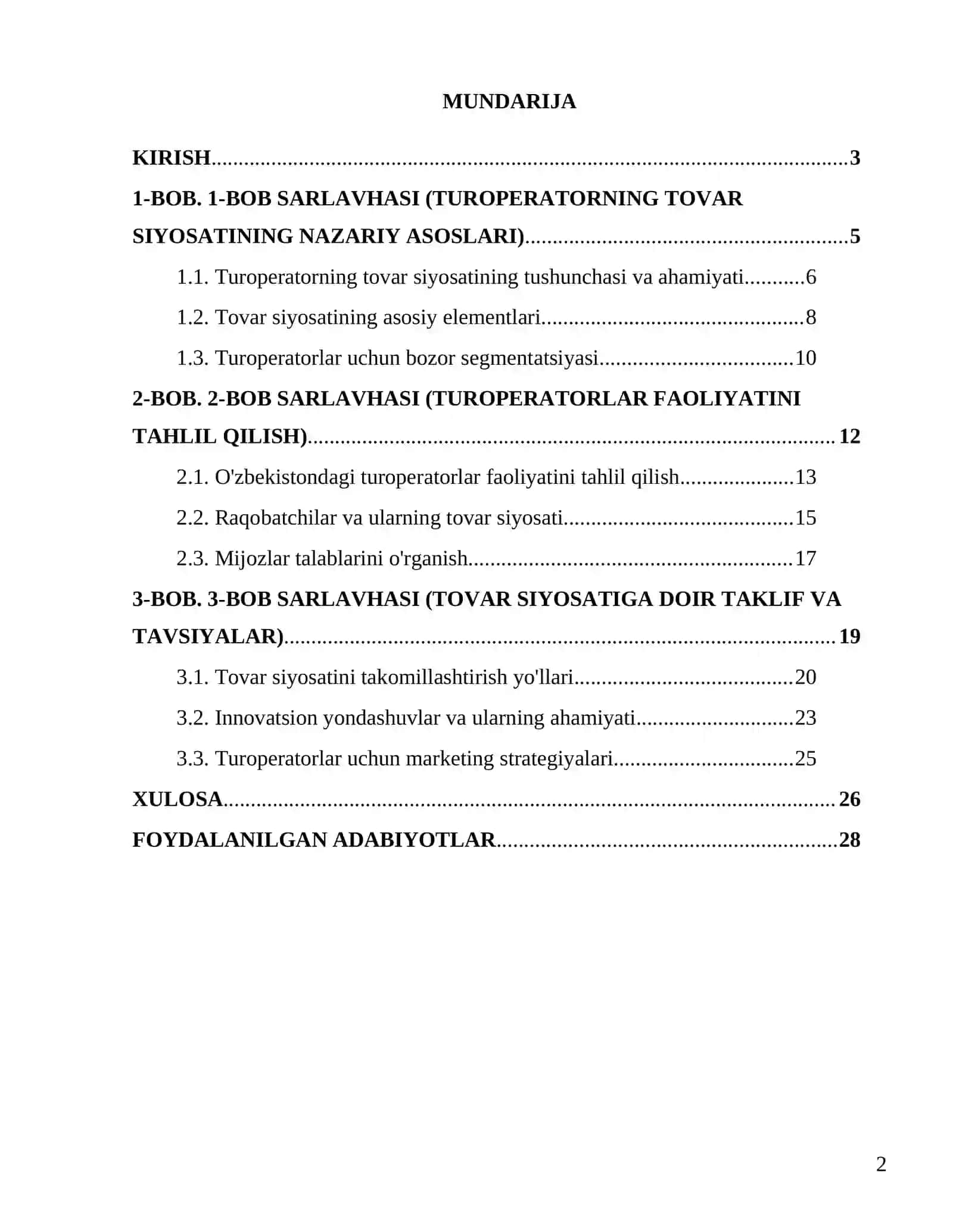 "Turoperatorning tovar siyosatini shakllantirish" 2