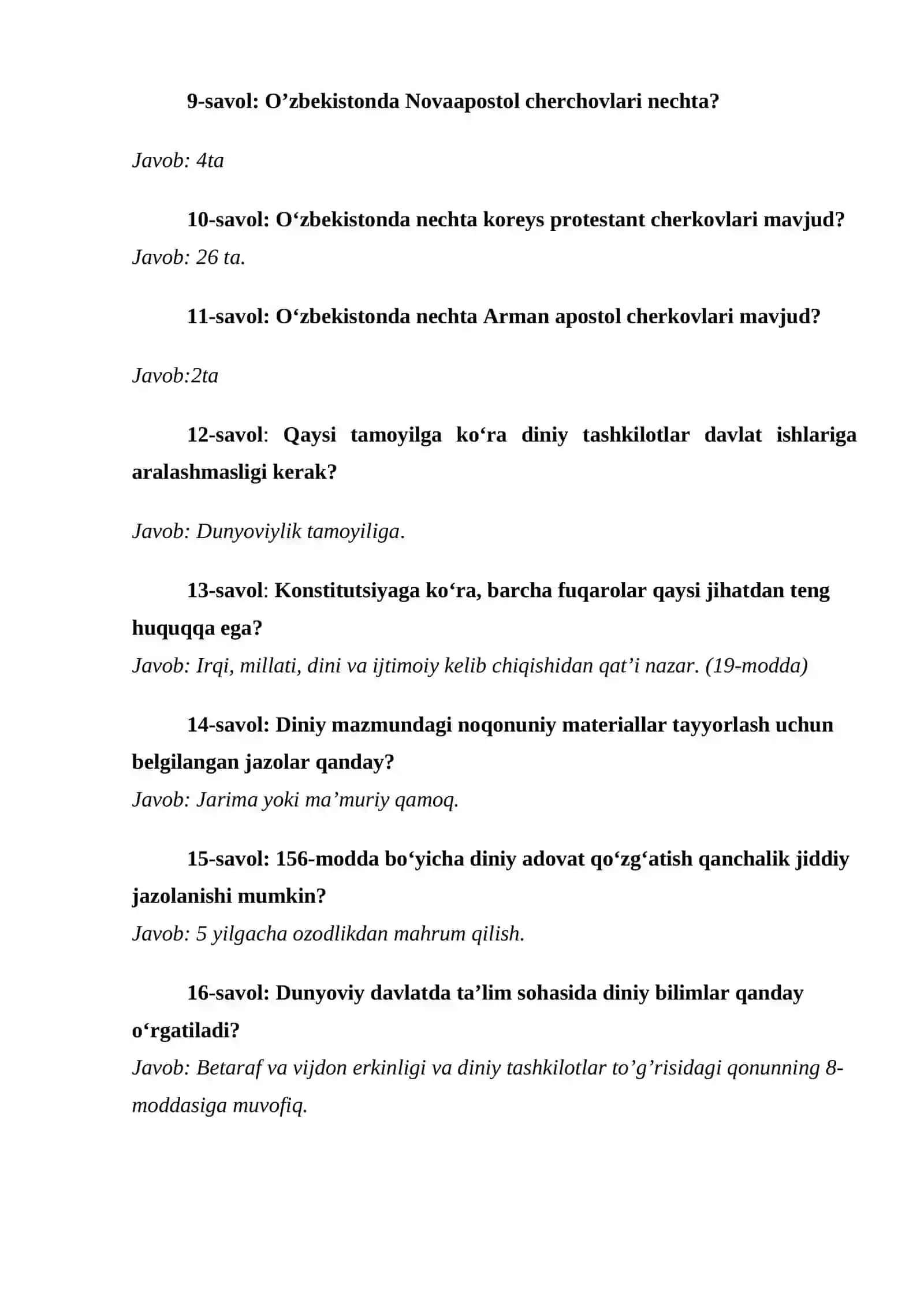 O‘zbekistonda Davlat va Din Munosabatlari Mavzusida Test Savollari 2