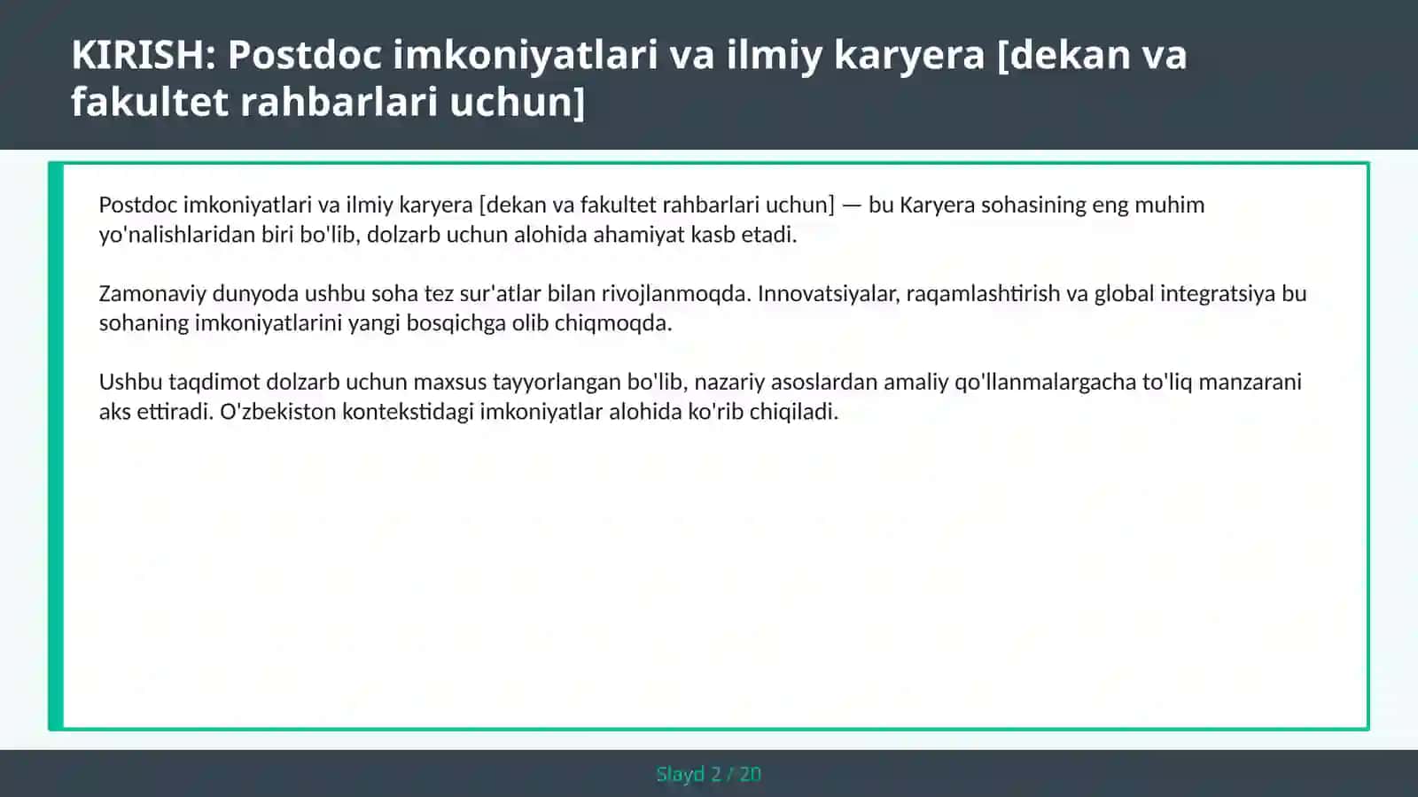 Postdoc imkoniyatlari va ilmiy karyera [dekan va fakultet rahbarlari uchun] 2