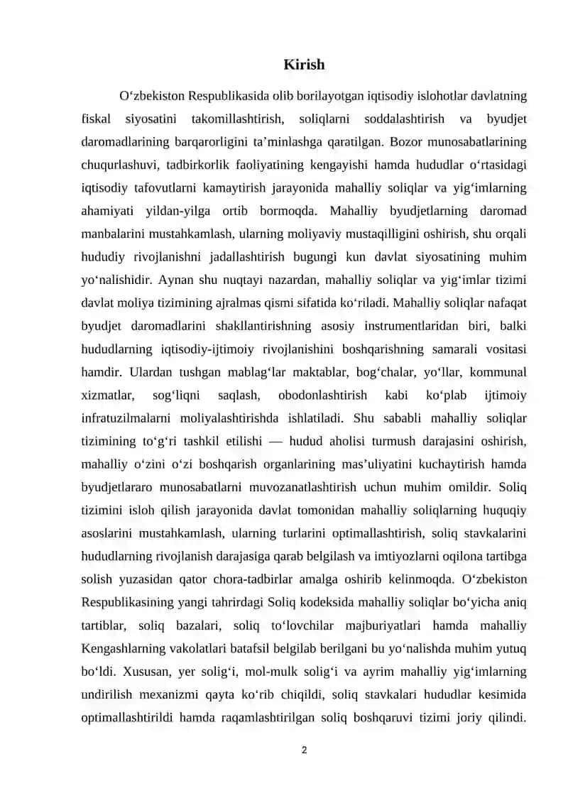 Oʻzbekiston respublikasida mahalliy soliqlar va yigʻimlarning amal qilish mexanizmi kurs ishi 2