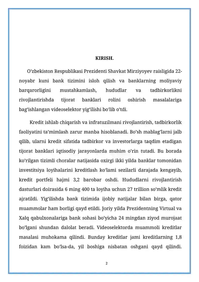 BANK TIZIMINI ISLOH QILISHGA QARATILGAN CHORA-TADBIRLAR 2