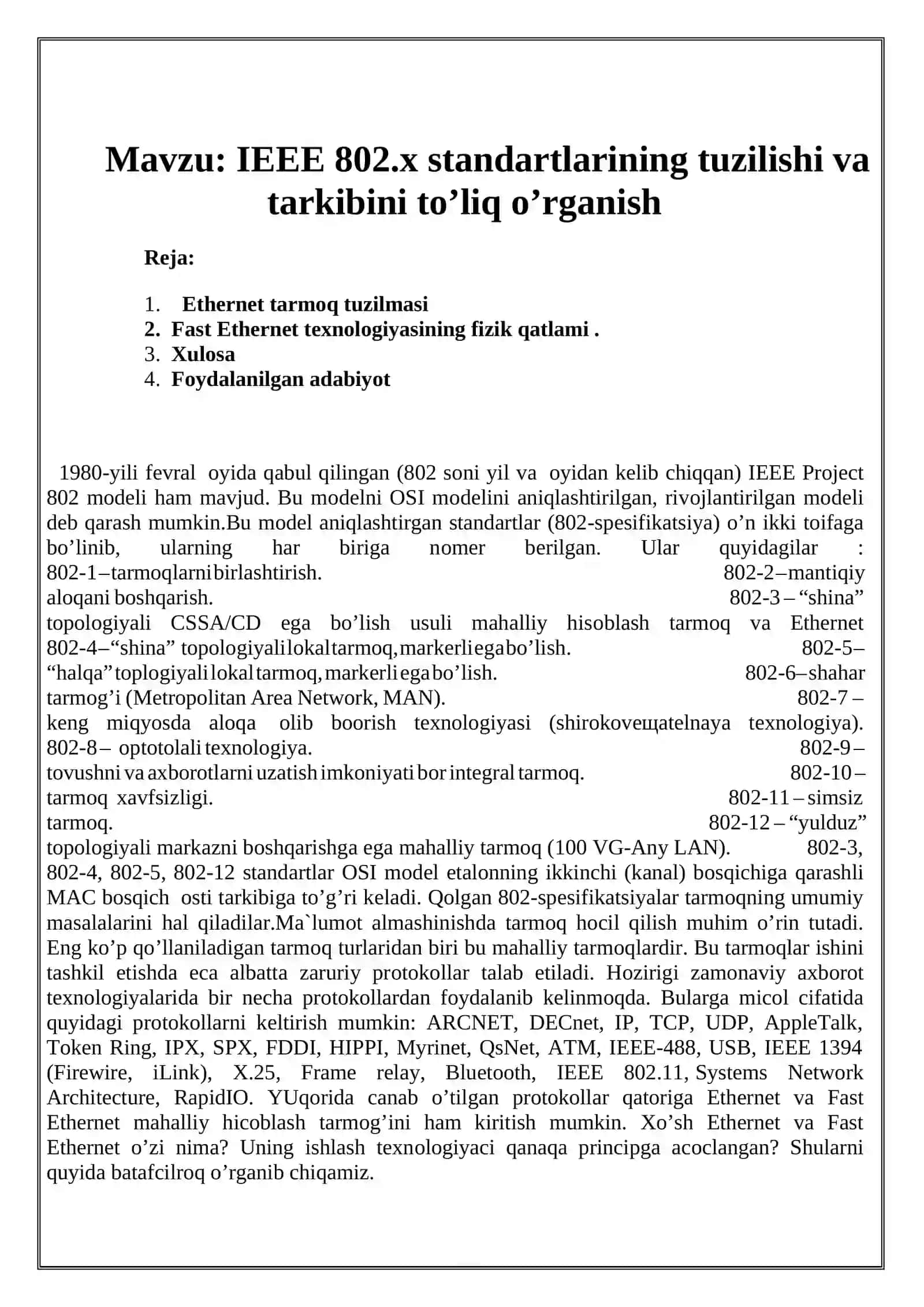IEEE 802.x standartlarining tuzilishi va tarkibini to’liq o’rganish 2