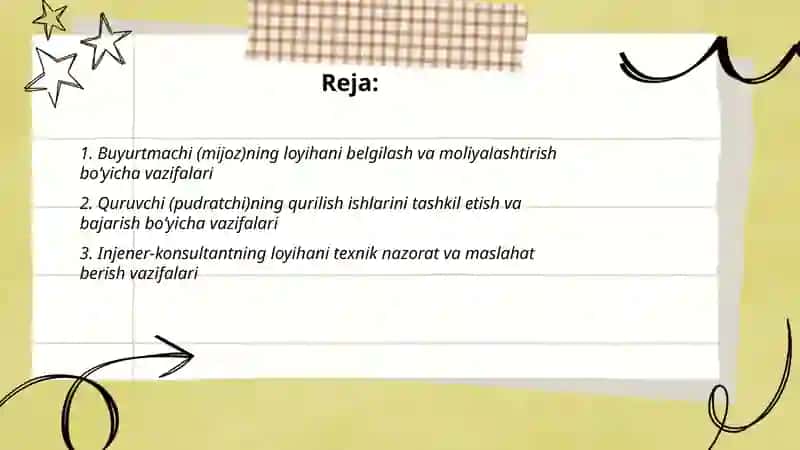 Buyurtmachi, quruvchi va injener konsultantining vazifalarni aniqlash 2
