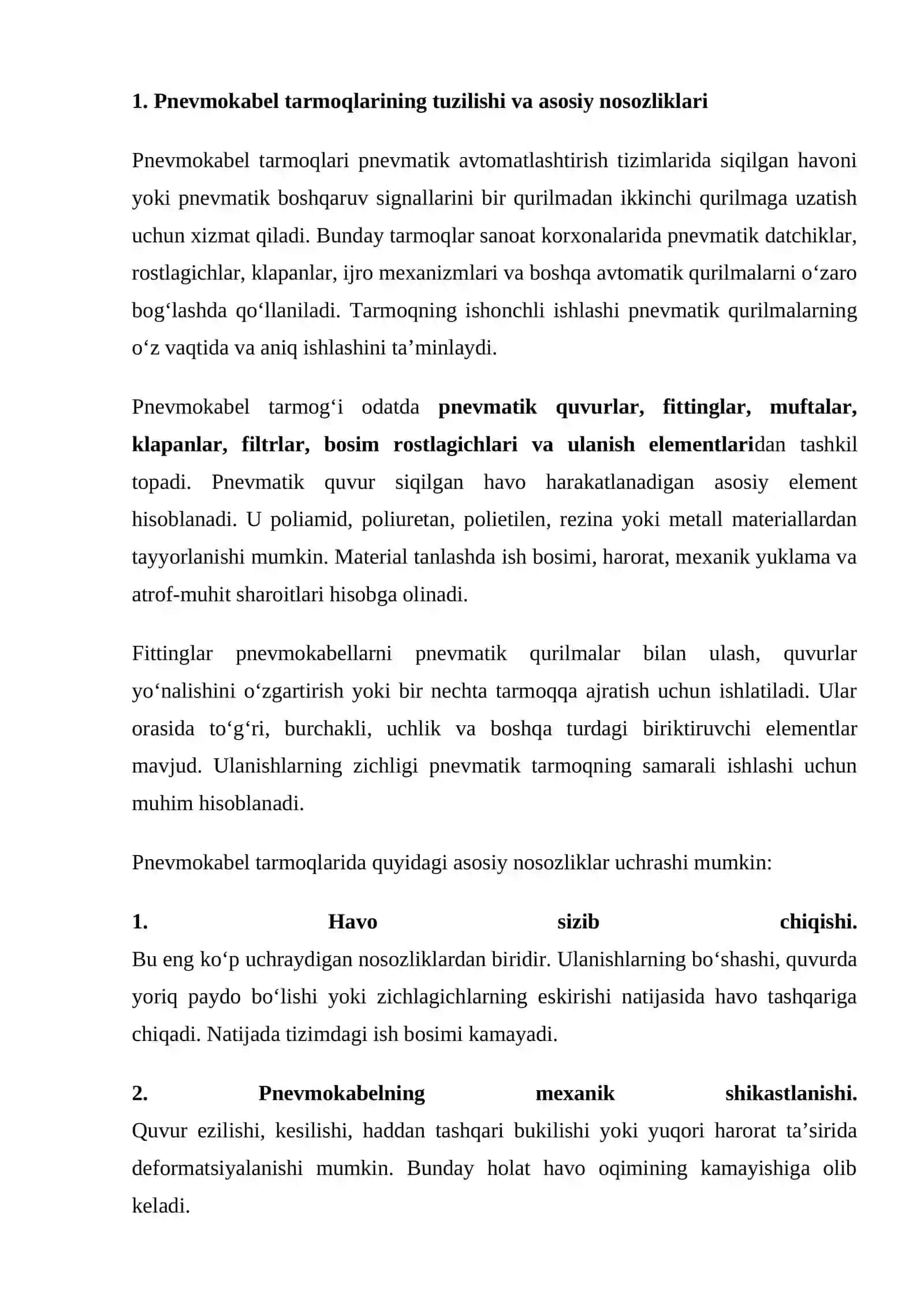 Pnevmokabel tarmoqlarida nosozliklarni aniqlash va bartaraf etish usullari mustaqil ish 2