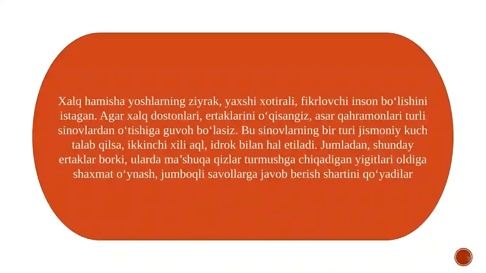 Topishmoqlarning bolalar hayotidagi oʻrni. Topishmoqlarni turlari boʻyicha tahlil qiling. 2
