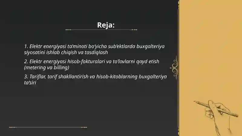 Elektr energiyasi ta’minoti bo‘yicha xizmatlarini ko‘rsatuvchi sub’ektlarda buxgalteriya hisobini tashkil etish 2