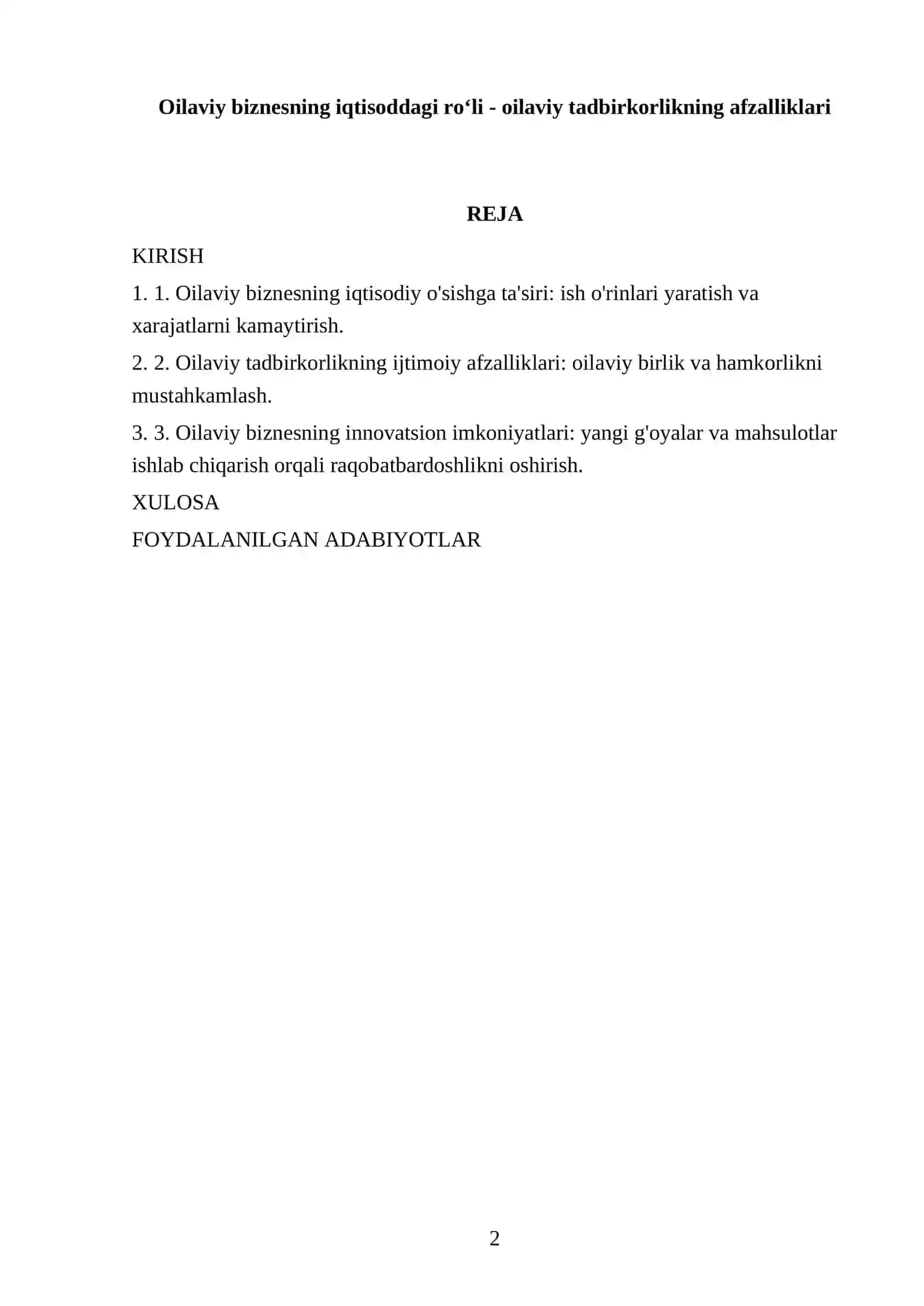 Oilaviy biznesning iqtisoddagi roʻli - oilaviy tadbirkorlikning afzalliklari REFERATI 2