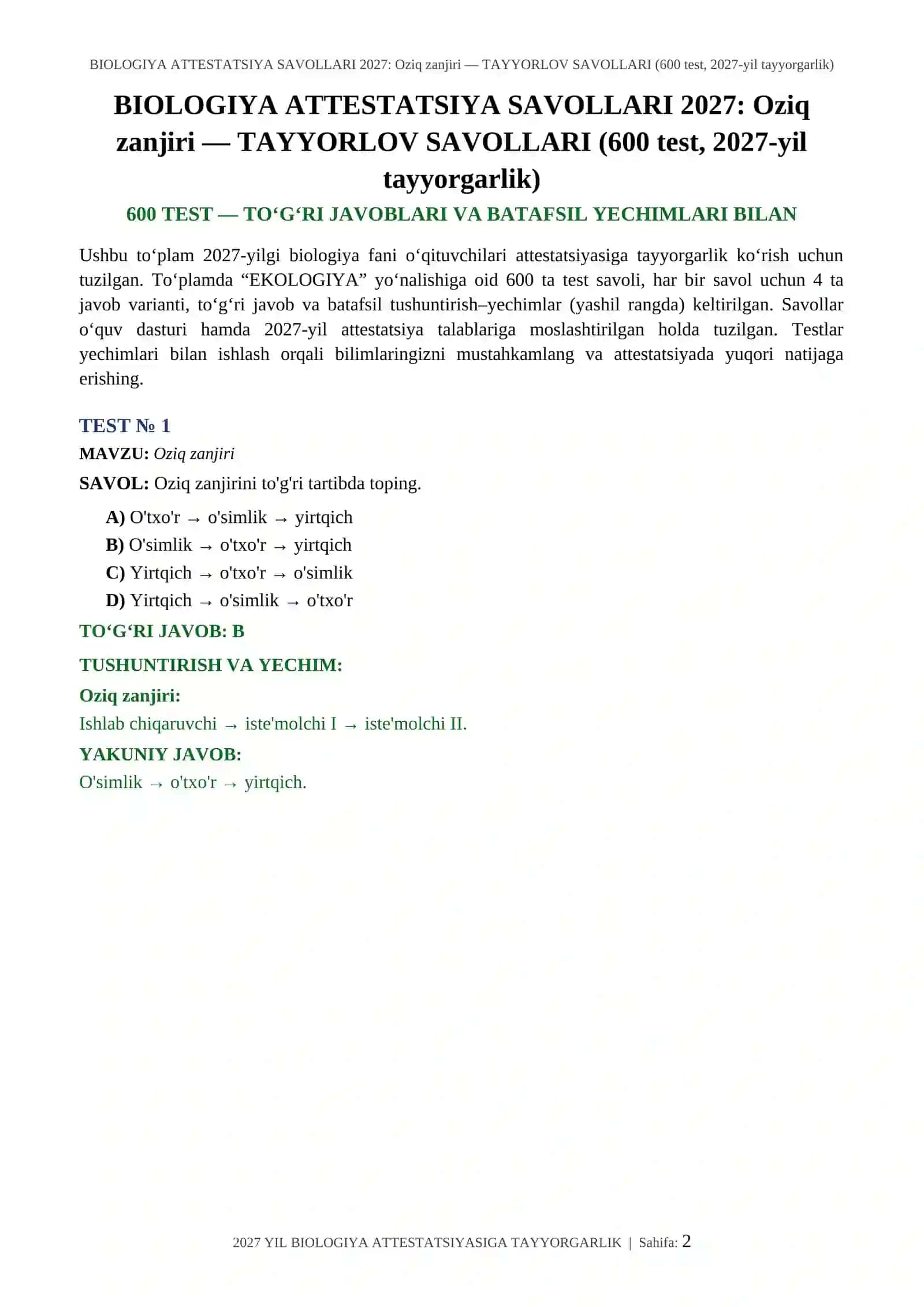 BIOLOGIYA ATTESTATSIYA SAVOLLARI 2027: Oziq zanjiri — TAYYORLOV SAVOLLARI (600 test, 2027-yil tayyorgarlik) 2