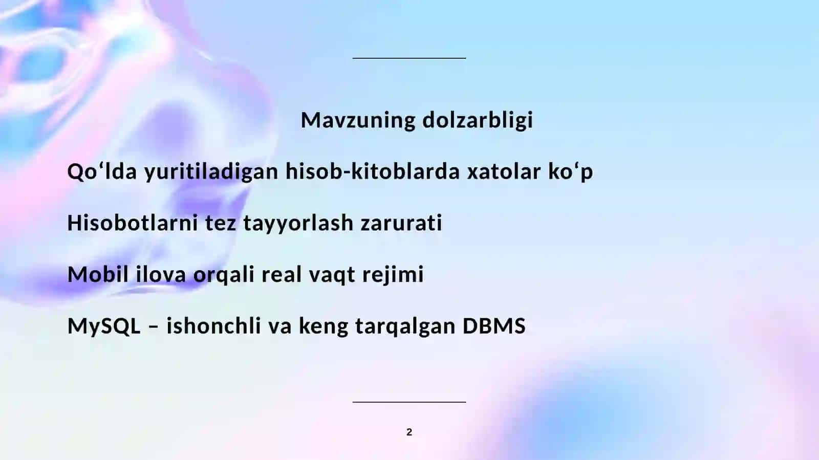 Mobililovalar orqali buxgalteriya hisobotlarini boshqarish tizimini ishlab chiqish 2