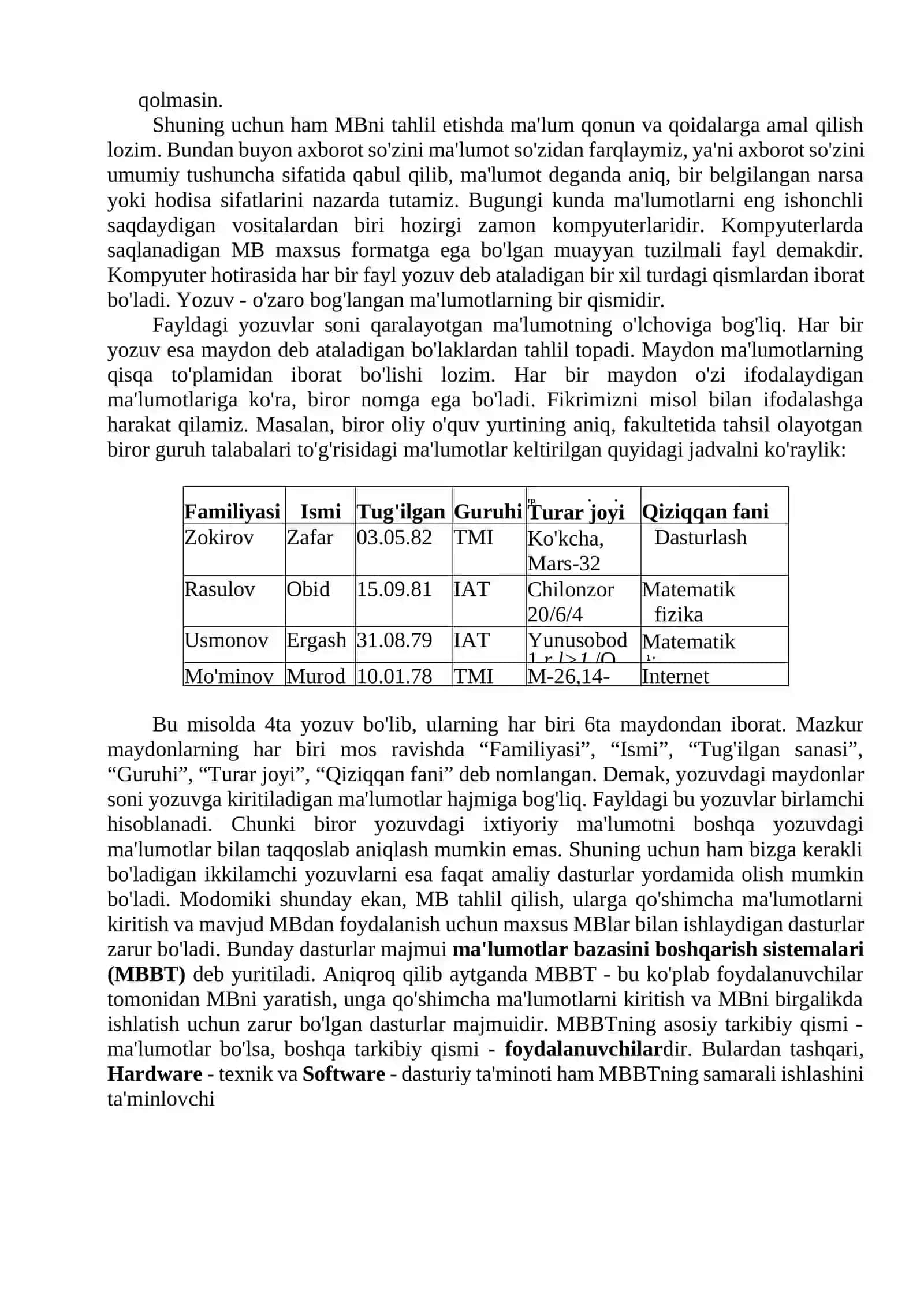 Ma'lumotlar bazalari va katta hajmdagi malumotlar bilan ishlash texnologiyalari 2