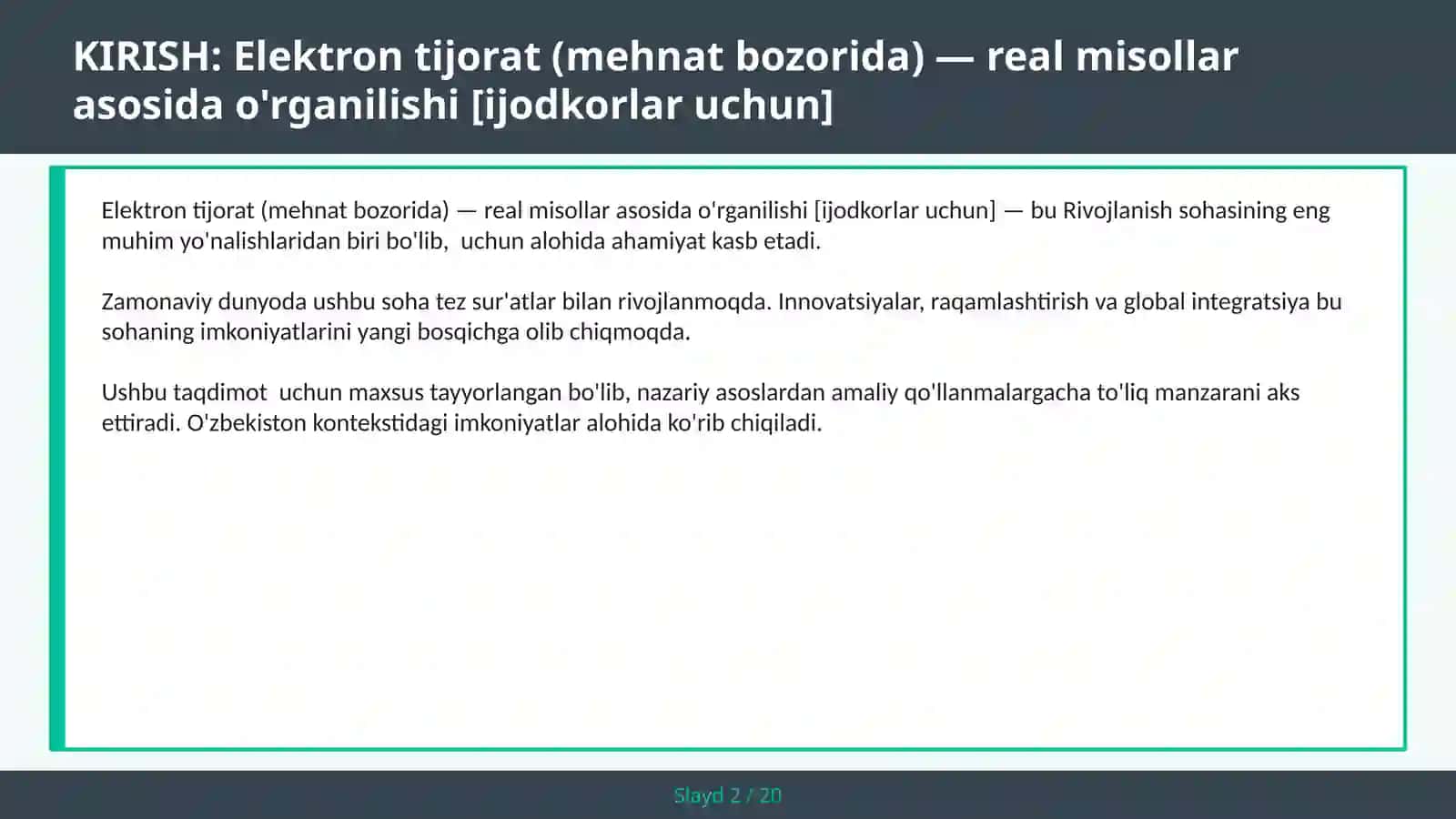 Elektron tijorat (mehnat bozorida) — real misollar asosida o'rganilishi [ijodkorlar uchun] 2