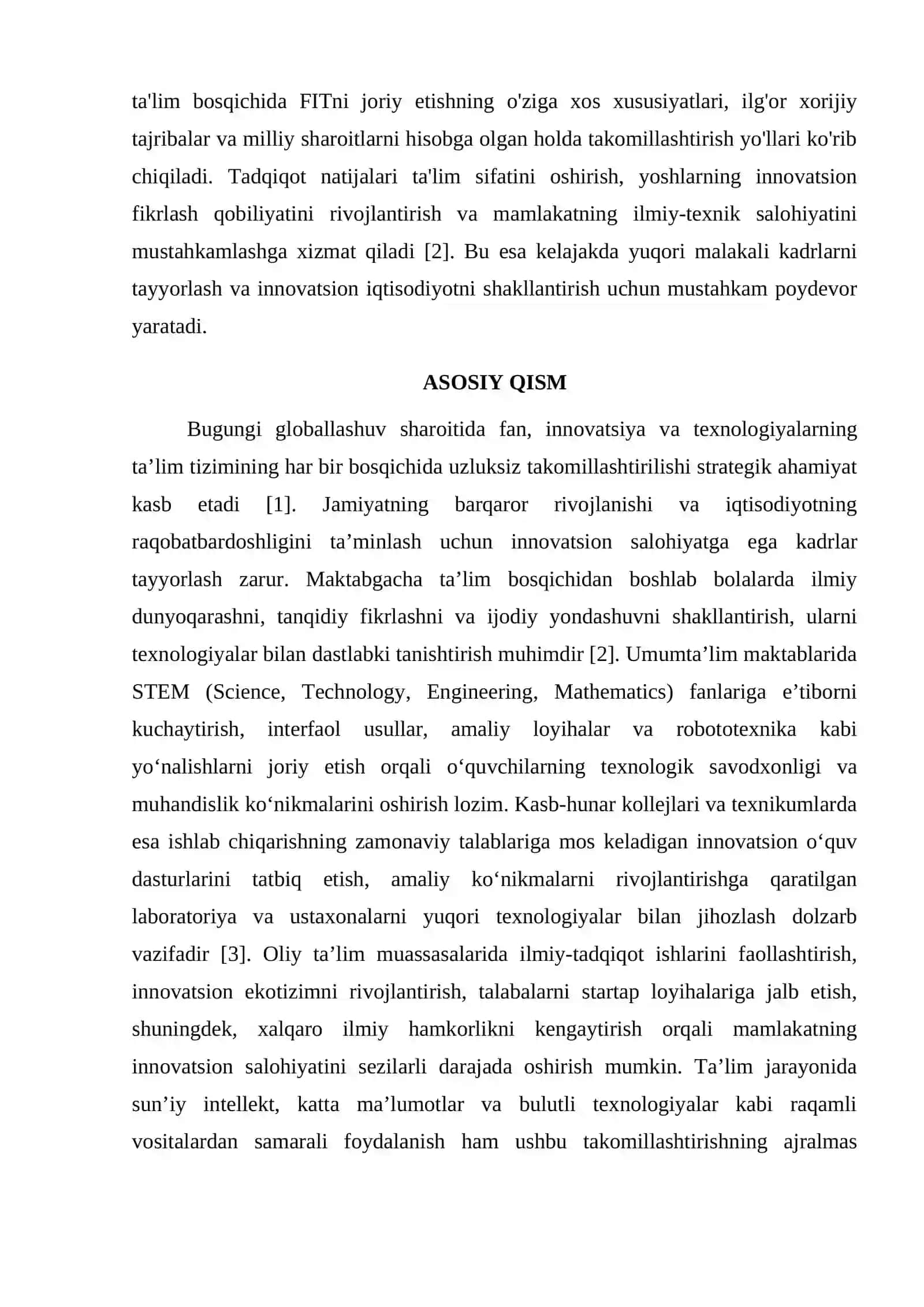MAKTABGACHA TAʼLIM, MAKTAB, TEXNIKUM VA OLIY TAʼLIMDA FAN, INNOVATSIYA HAMDA TEXNOLOGIYALARNI TAKOMILLASHTIRISH 2