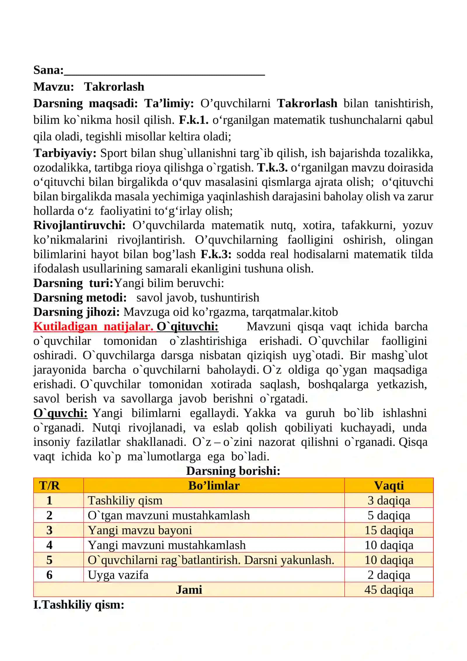 Takrorlash mavzusida 4-sinf Matematika fanidan dars ishlanmasi 2