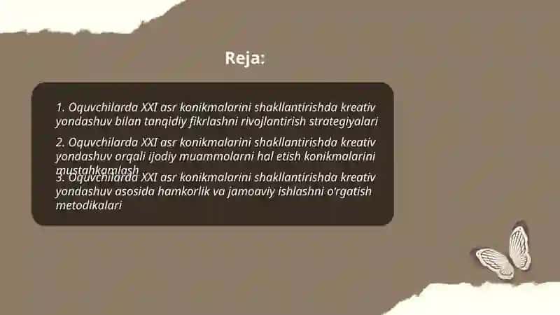 Oquvchilarda XXI asr konikmalarini shakllantirishda kreativ yondashuv bilan tanqidiy fikrlashni rivojlantirish strategiyalari 2