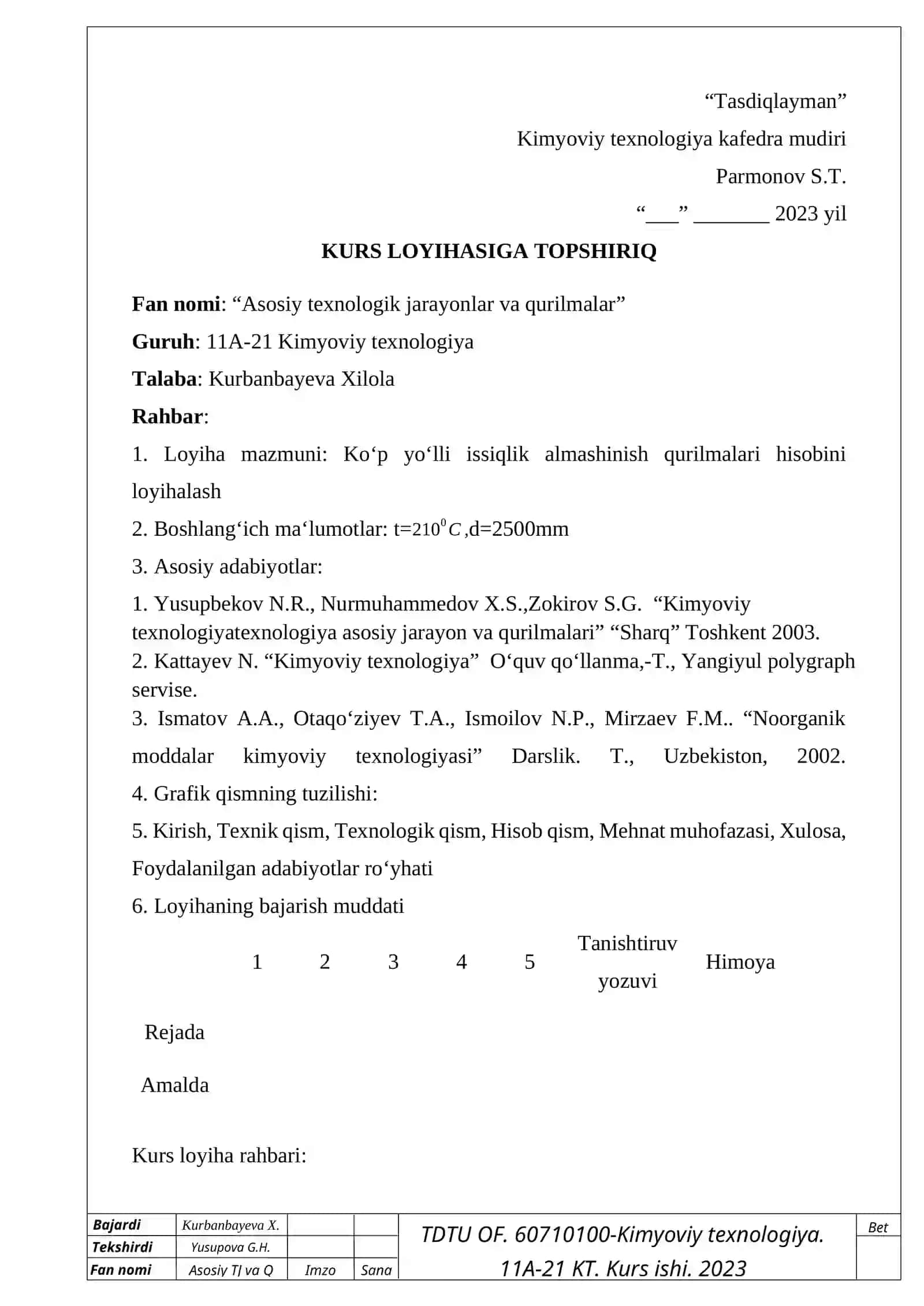 KURS LOYIHASI KOʻP YOʻLLI ISSIQLIK ALMASHINISH QURILMASI HISOBI 2