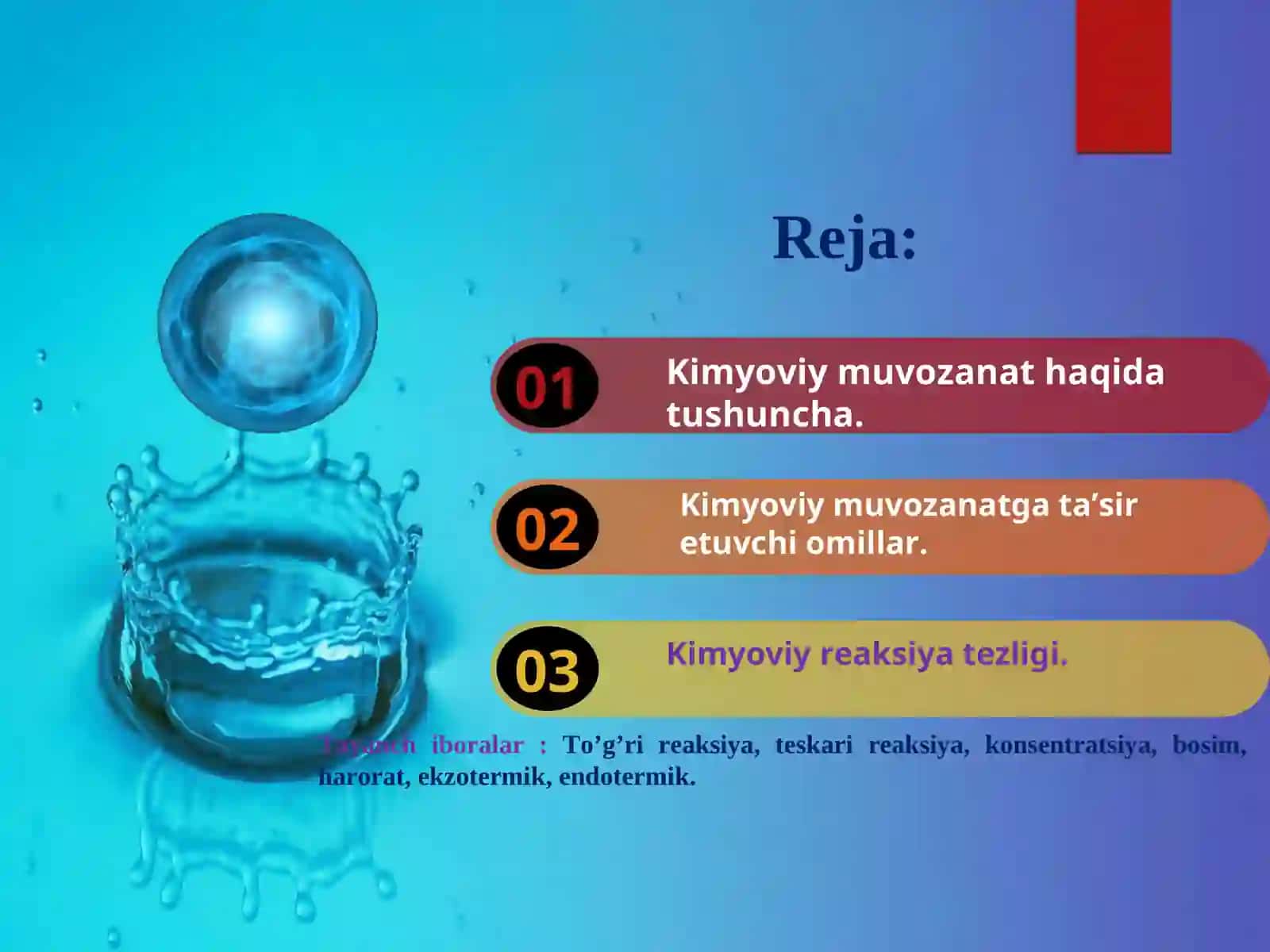 NOELEKTROLITLAR VA ULARNING ERITMALARI XOSSALARI. ELEKTROLITLAR VA ULARNING ERITMALARI XOSSALARI OKSIDLANISH QAYTARILISH REAKSIYALARI. SUV VA UNING XUSUSIYATLARI. METALLARNING UMUMIY XOSSALARI. QOTISHMALAR. METALLAR KORROZIYASI. ORGANIK KIMYO ASOSLARI. KIMYO VA EKOLOGIYA. KIMYOVIY MUVOZANAT 2