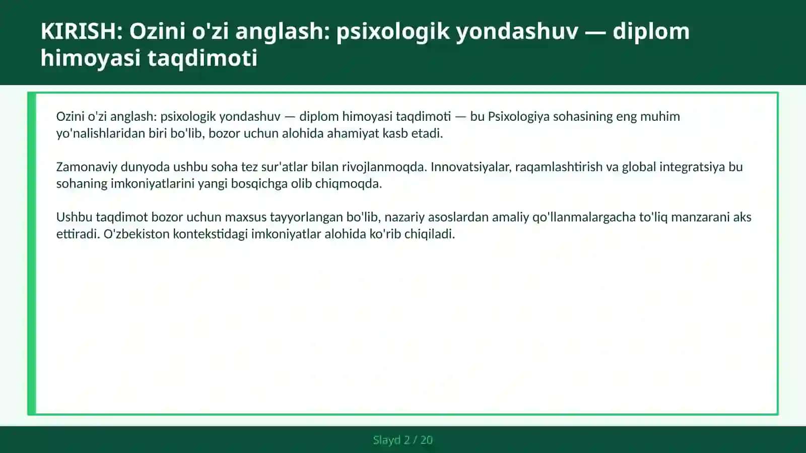 Ozini o'zi anglash: psixologik yondashuv — diplom himoyasi taqdimoti 2