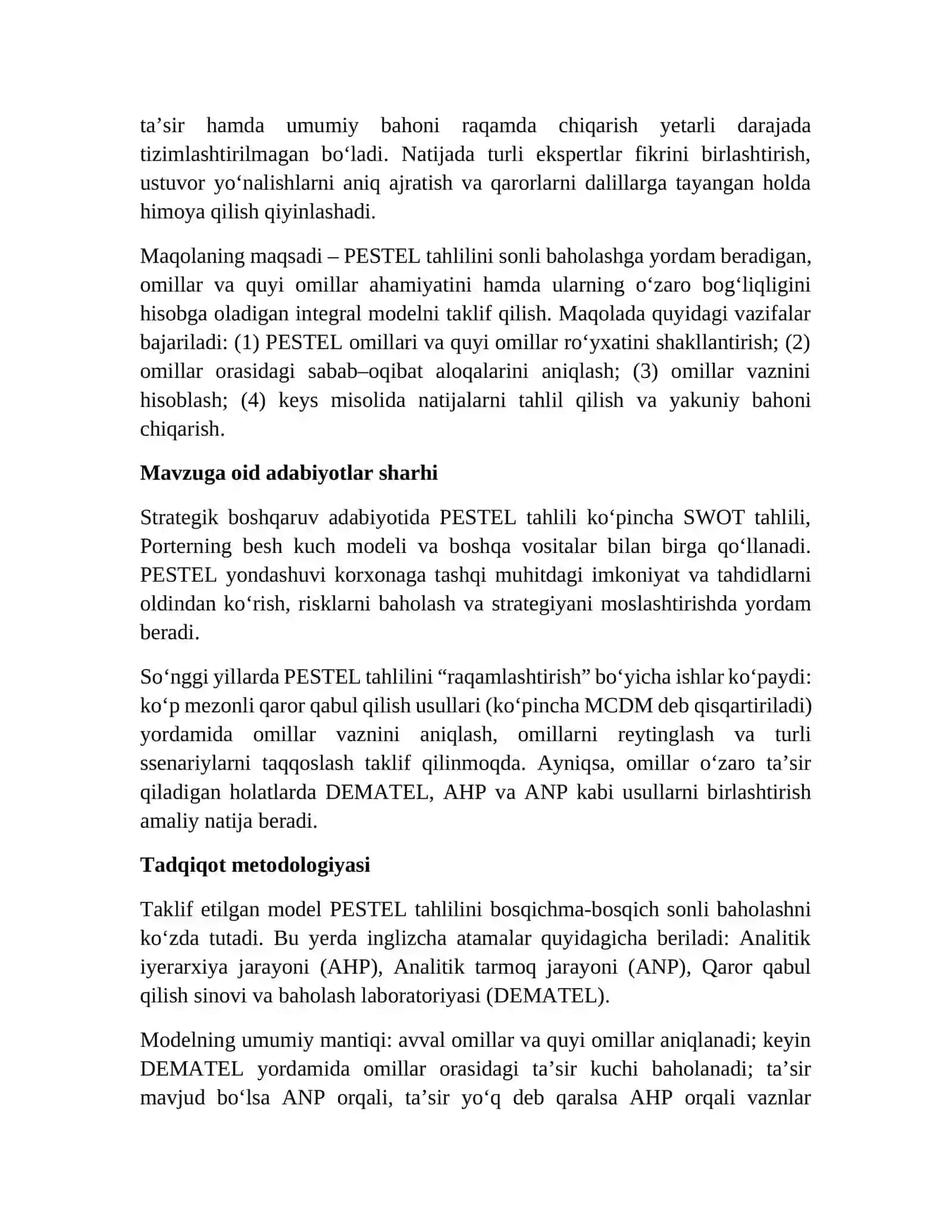 PESTEL TAHLILI UCHUN KO‘P MEZONLI QAROR QABUL QILISH MODELINI ISHLAB CHIQISH 2