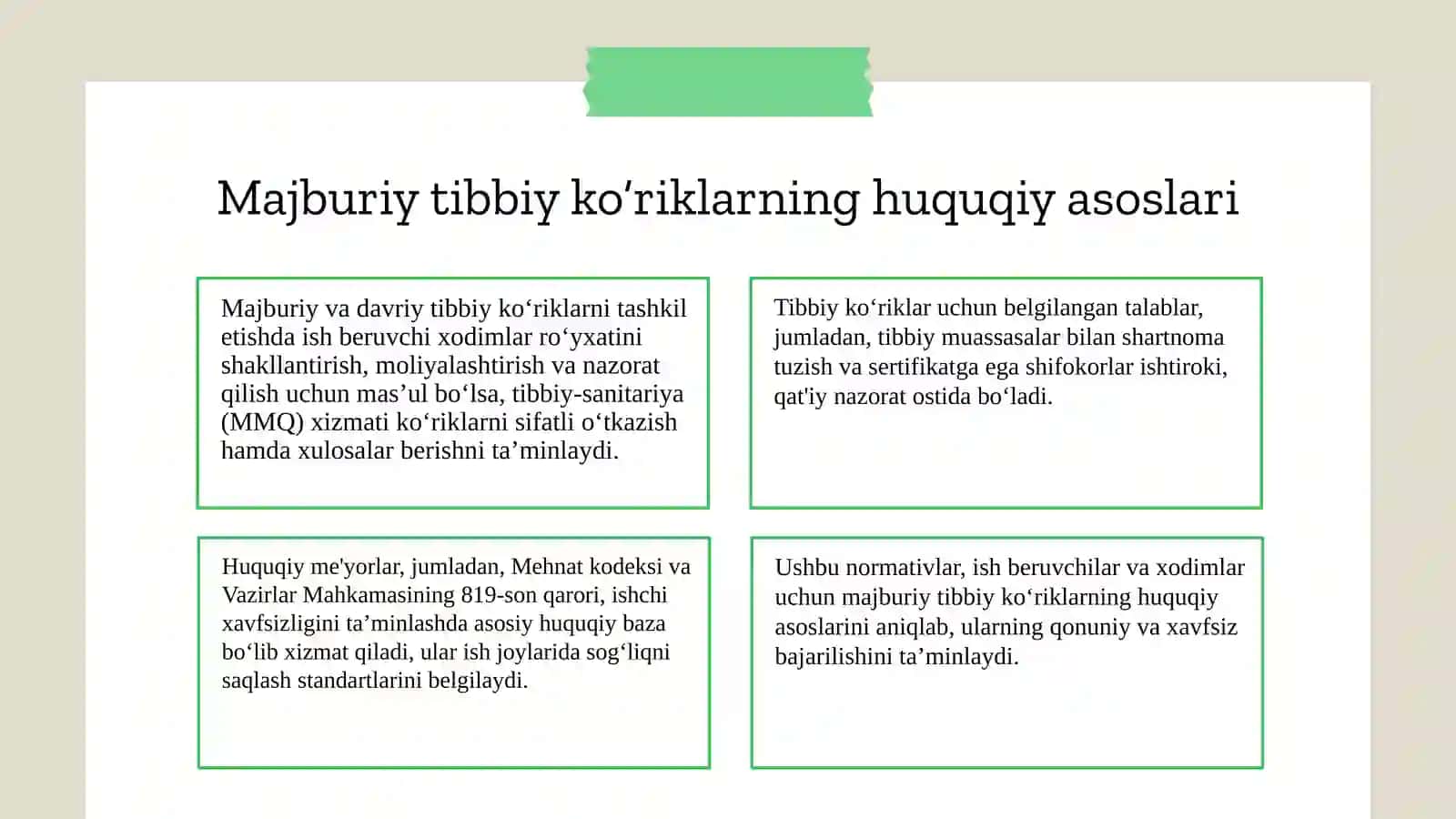 Majburiy vadovriy tibbiy ko‘riklarni tashkilotishda ish beryuvchi va MMQ xizmati vazifalari 2