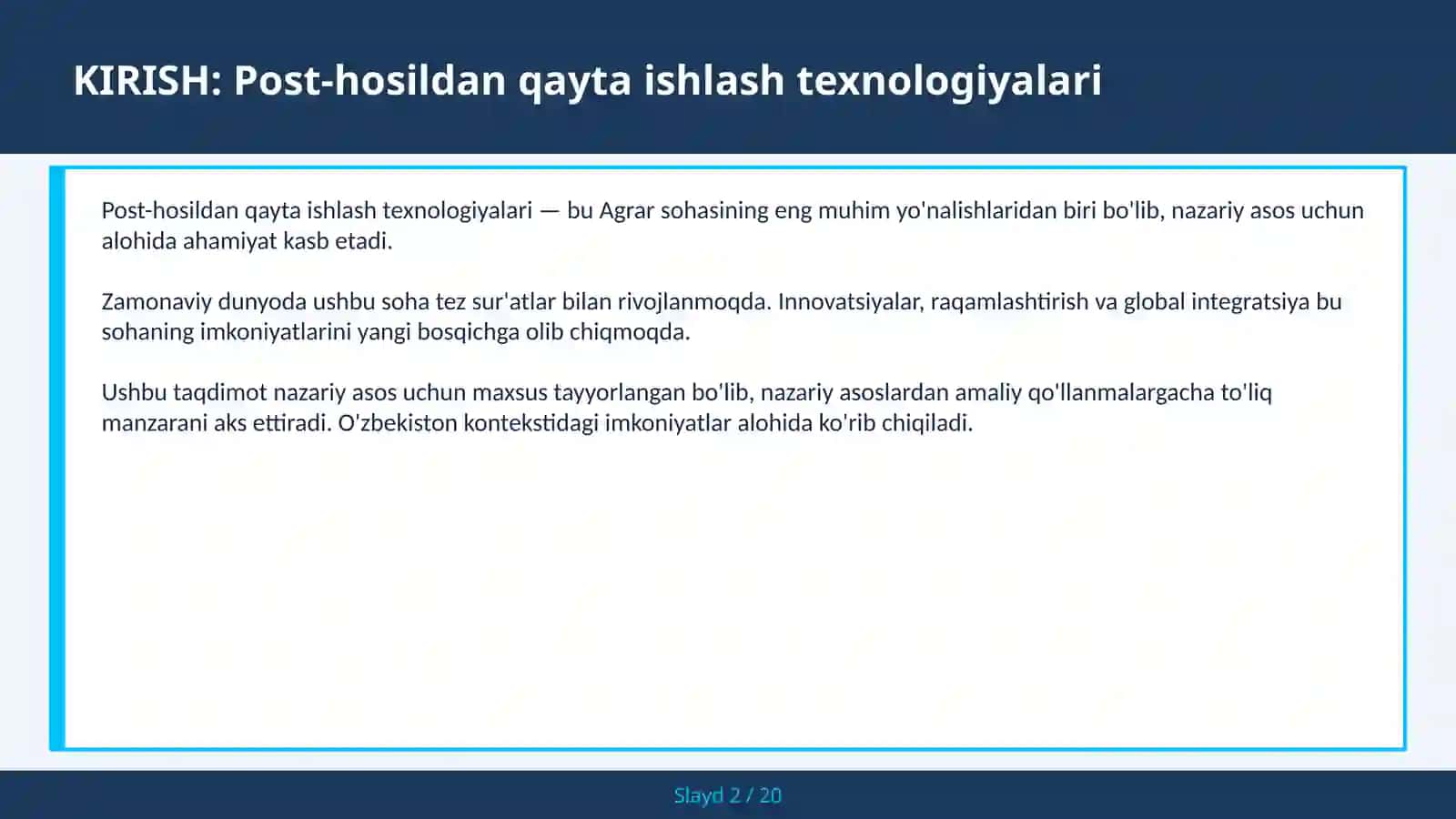POST-HOSILDAN QAYTA ISHLASH TEXNOLOGIYALARI 2