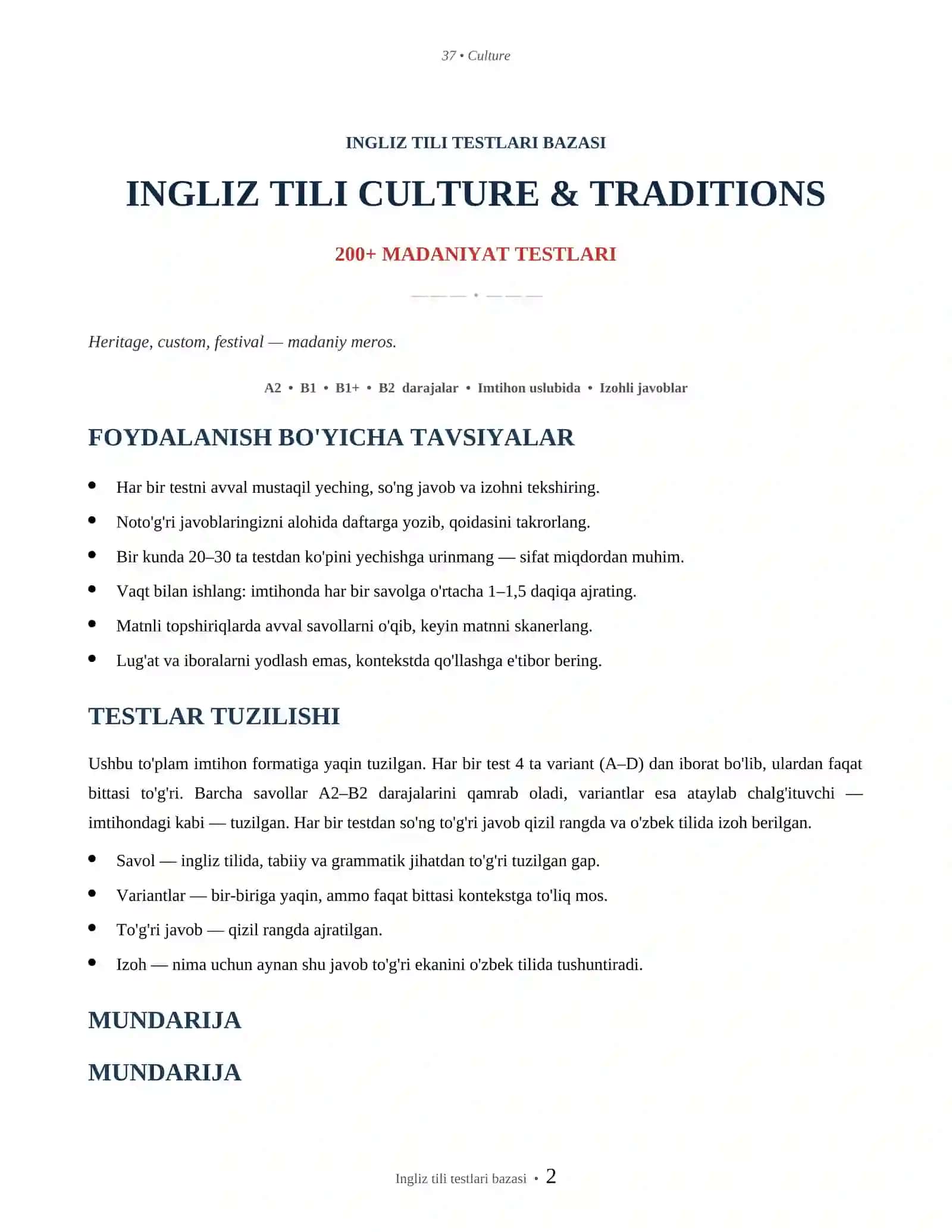 INGLIZ TILI CULTURE & TRADITIONS 2