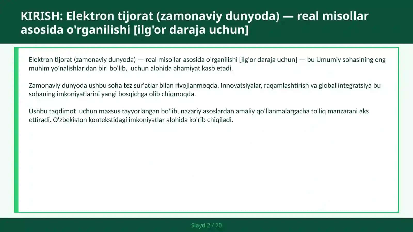 Elektron tijorat (zamonaviy dunyoda) — real misollar asosida o'rganilishi [ilg'or daraja uchun] 2