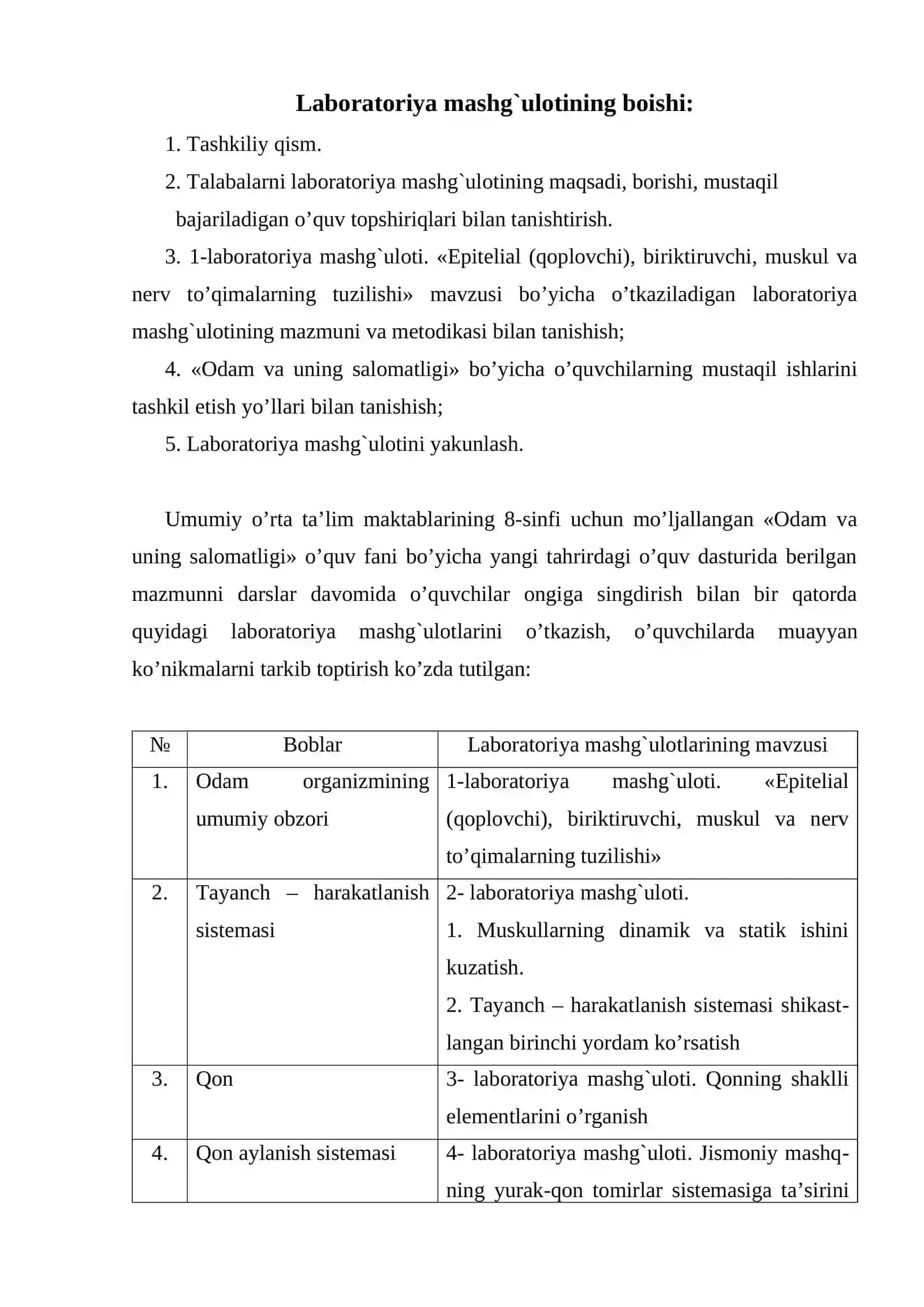 Odamlar va ularning salomatligi laboratoriya mashg'ulotlari 2