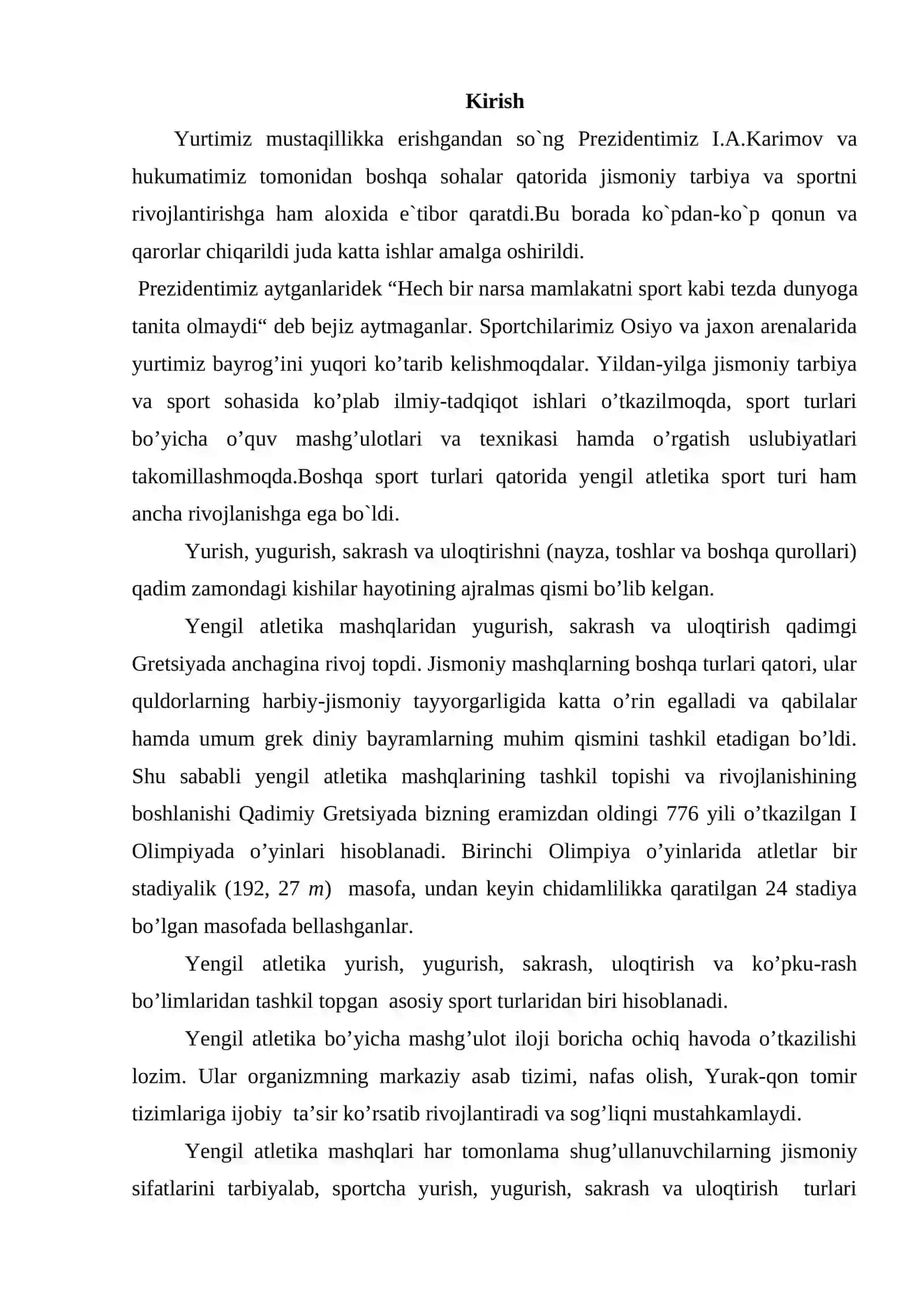 Yengil atletika faniga kirish va uning jismoniy tarbiya tizimidagi o`rni 2