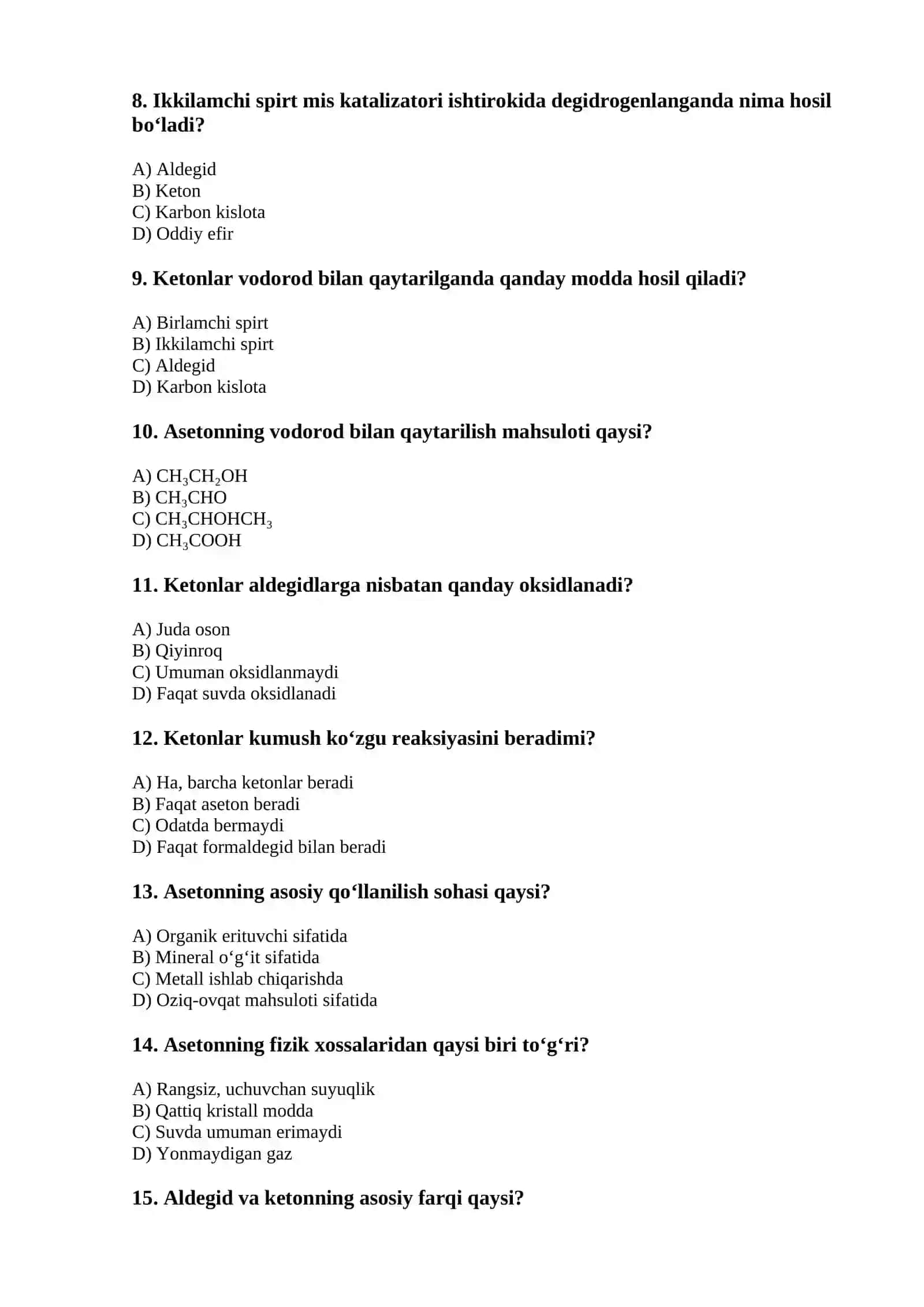 Ketonlar. Olinishi va xossalari — 15 ta test 2