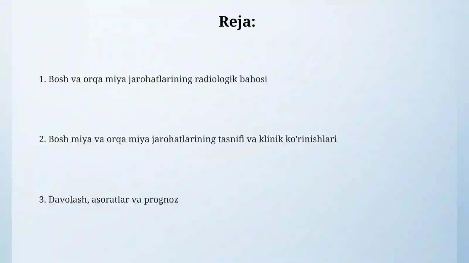 Shoshilinch holatlar nur tashxisi. Bosh miya va umurtqa pog‘onasitravmasi 2