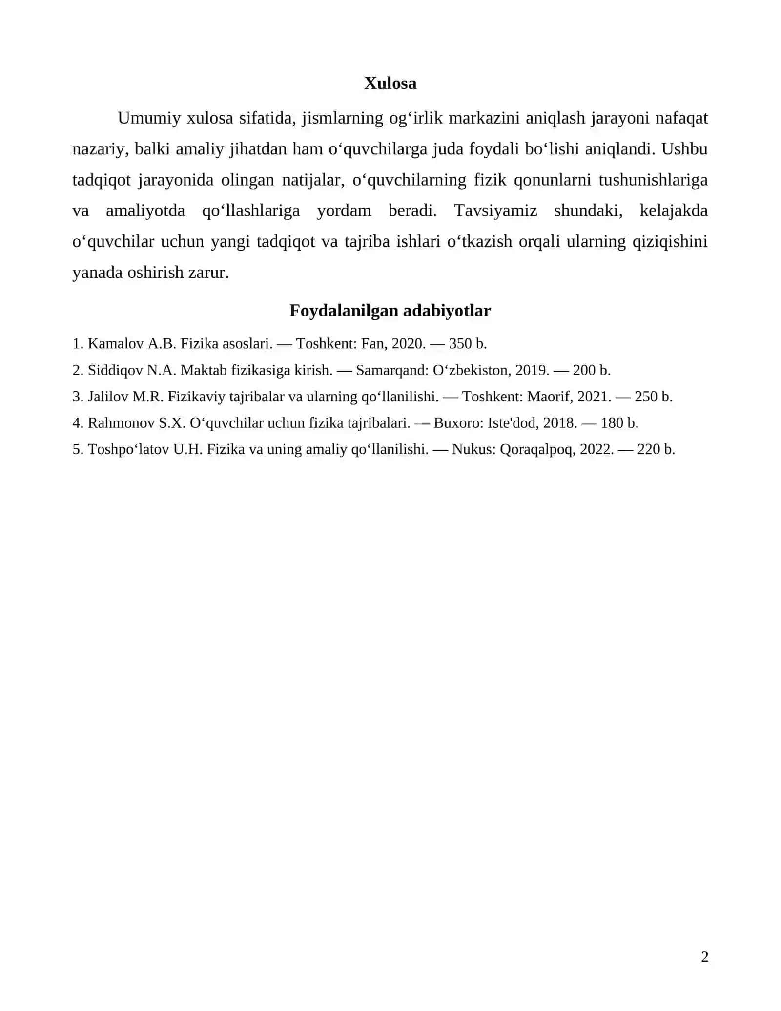 Jismlarning ogʻirlik markazini aniqlash 2