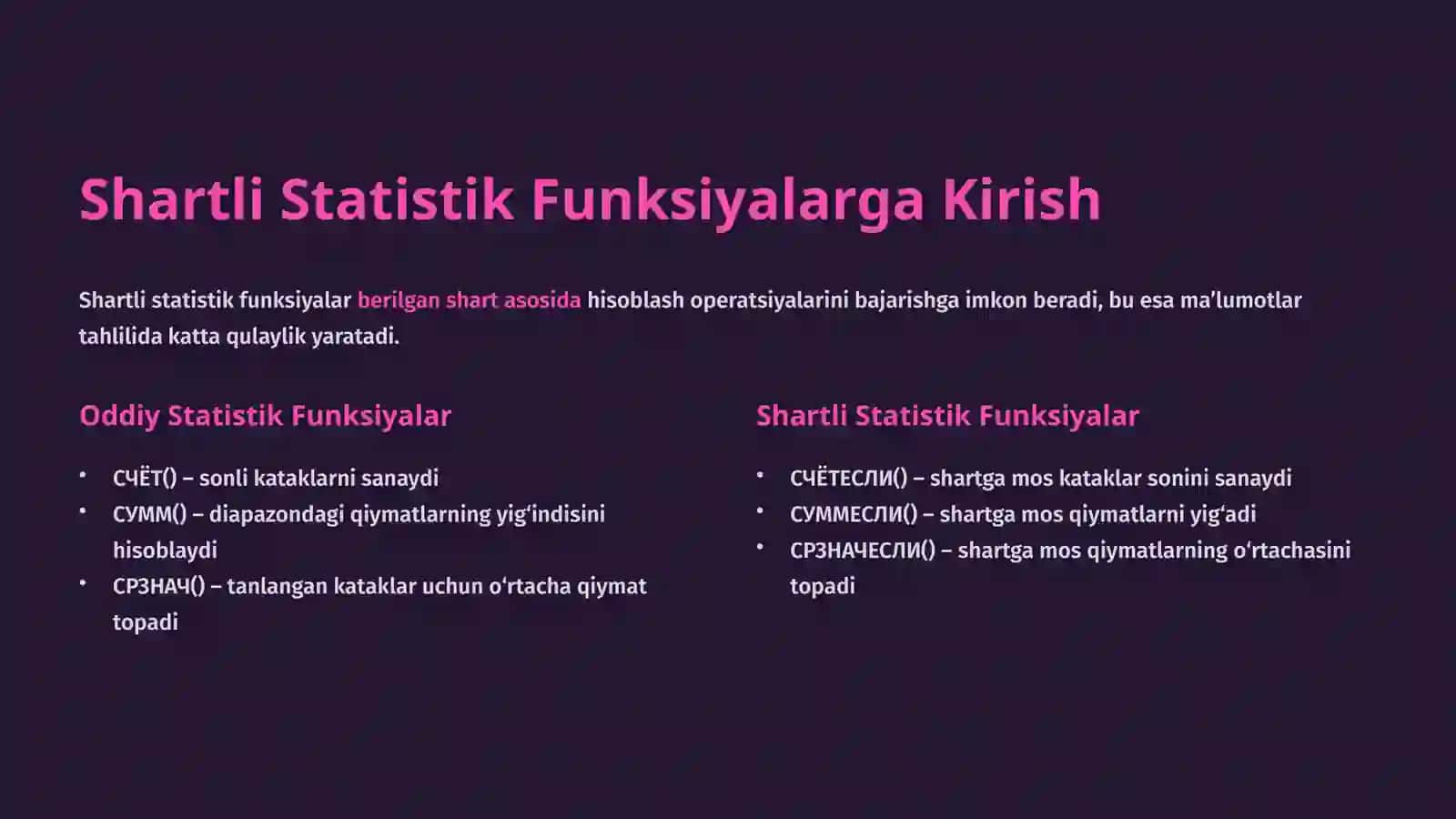 Shartli Statistik Funksiyalar va Ma’lumotlarni Tekshirish 2