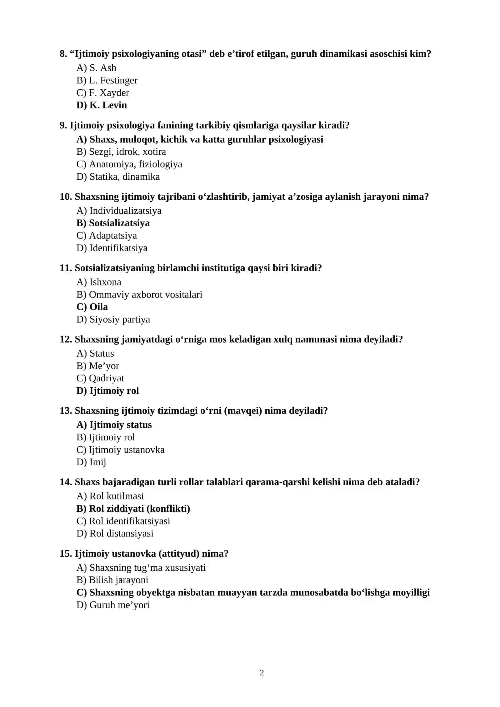 Ijtimoiy Psixologiya Test Savollari 2
