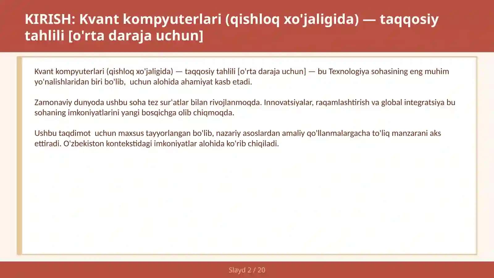 Kvant kompyuterlari (qishloq xo'jaligida) — taqqosiy tahlili [o'rta daraja uchun] 2
