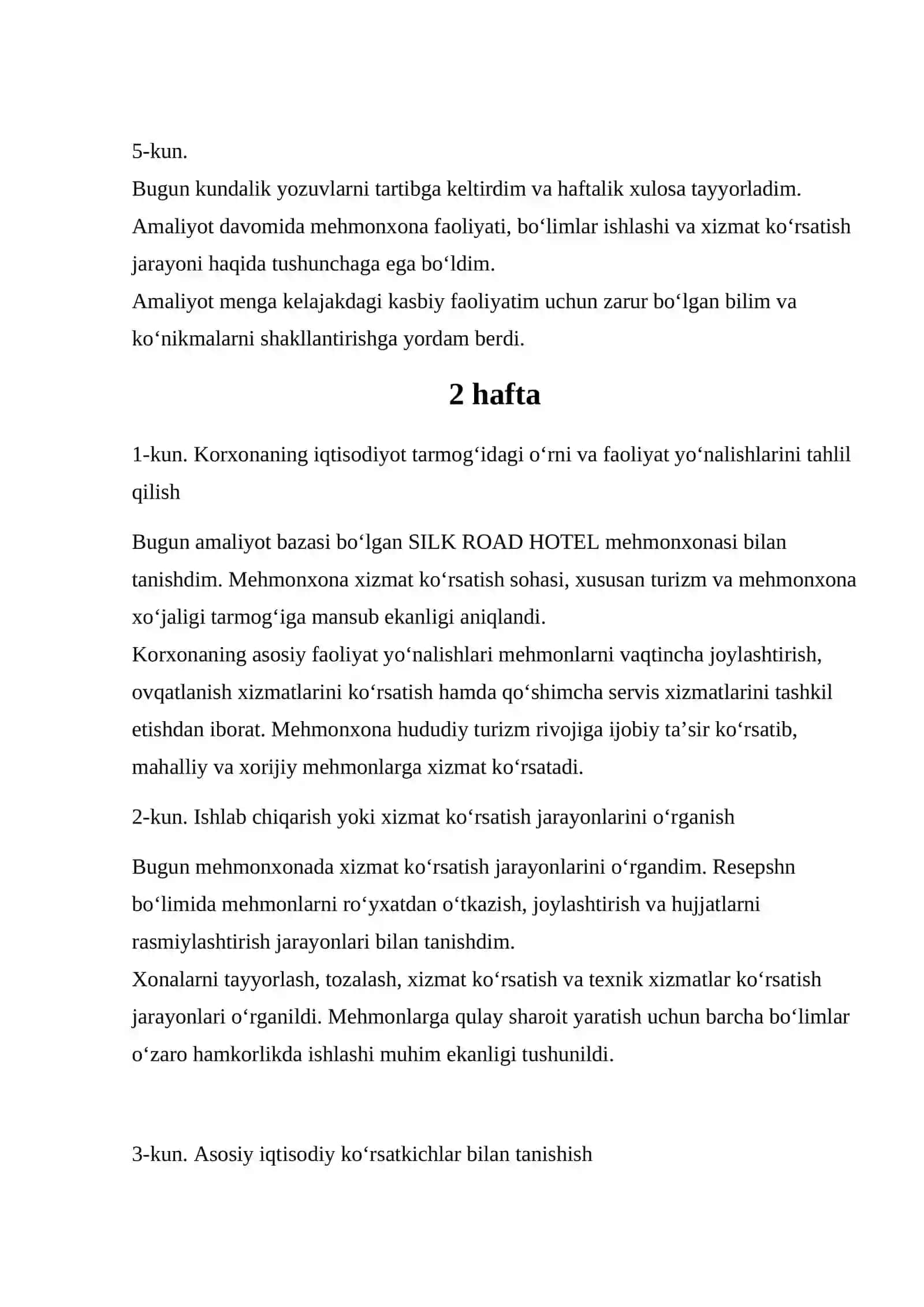 Amaliyot bazasi — SILK ROAD HOTEL mehmonxonasi bilan tanishdim 2