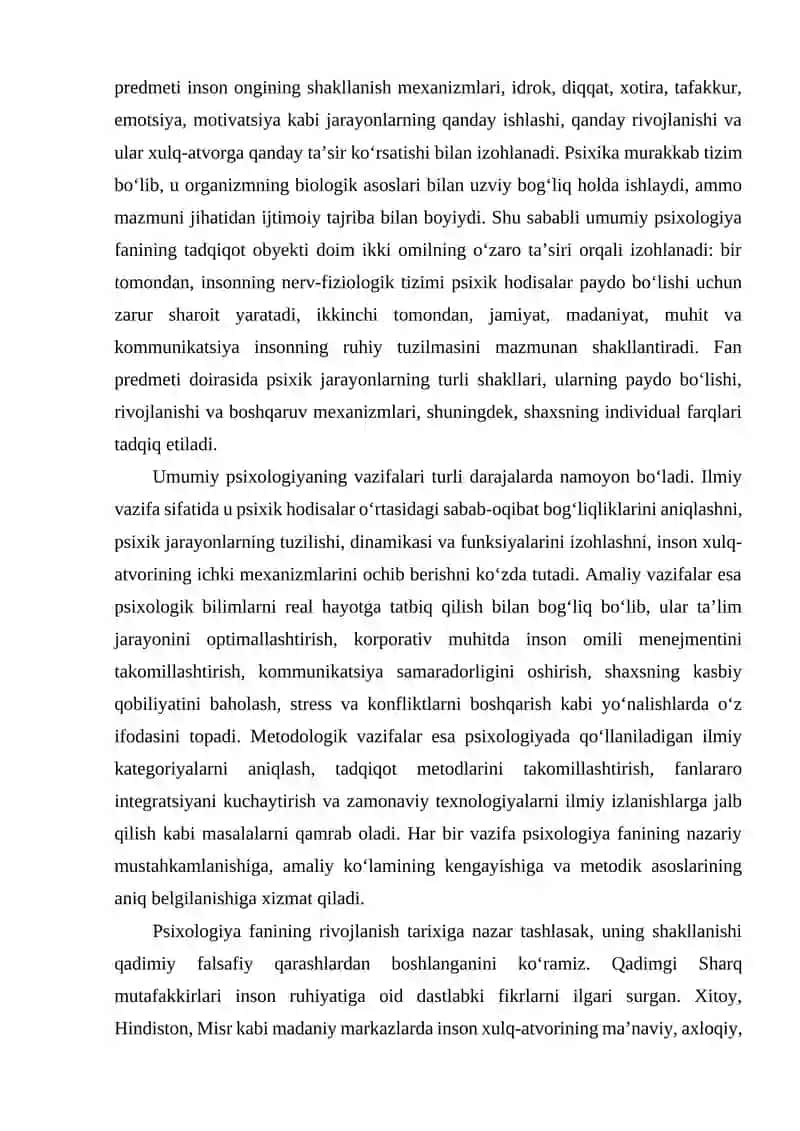 Umumiy psixologiyaning predmeti vazifalari.Rivojlanish tarixi 2